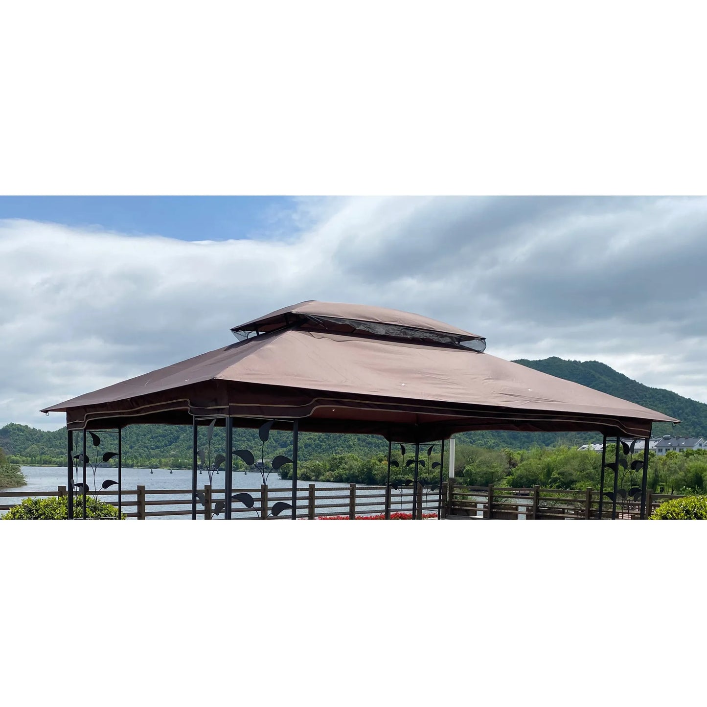13x10 Ft Patio Double Roof Gazebo Replacement Canopy Top Fabric,Brown – view 3