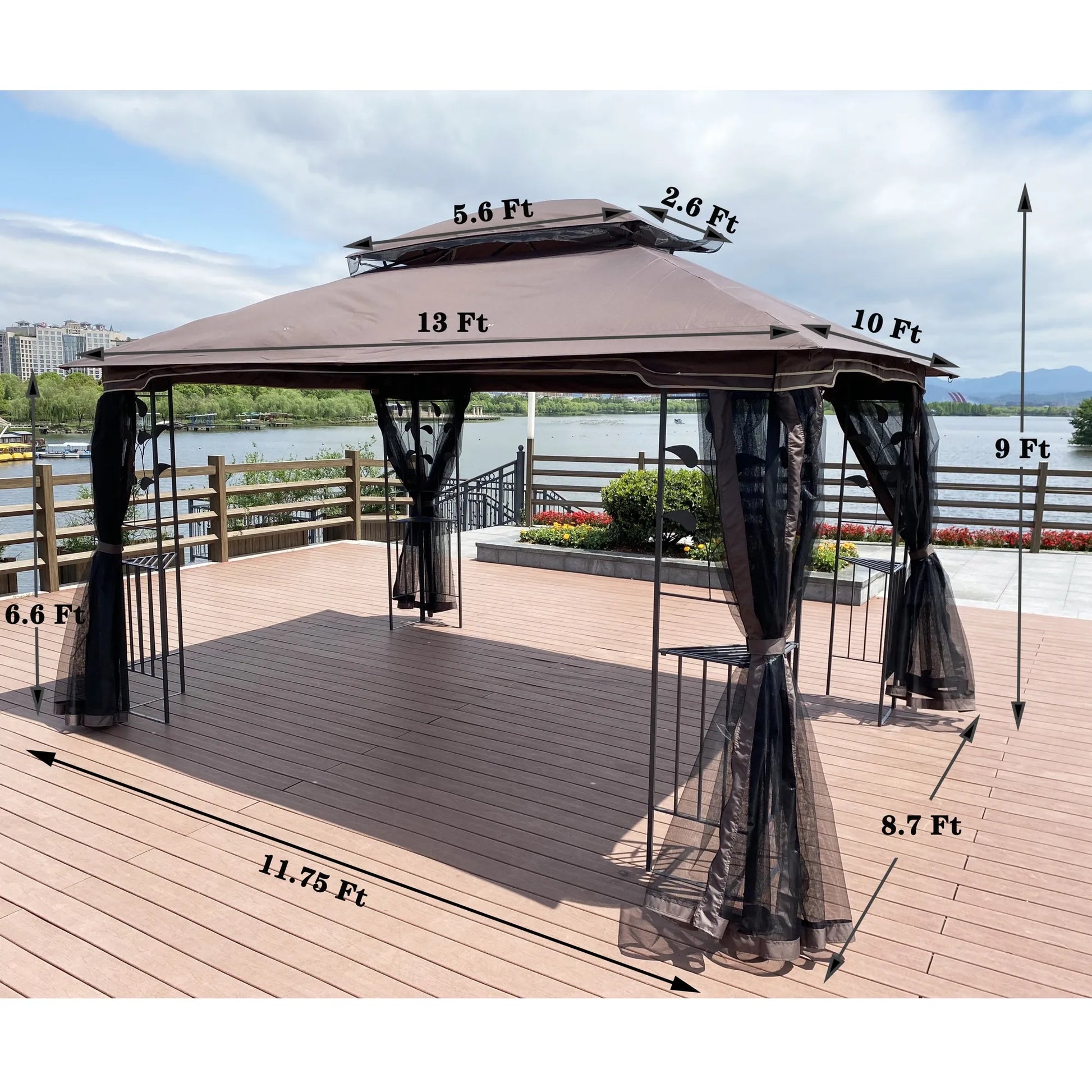 13 x 10 ft Patio Gazebo Tent with Ventilated Double Roof and Mosquito Net, Brown Canopy for Backyard or Garden – view 3
