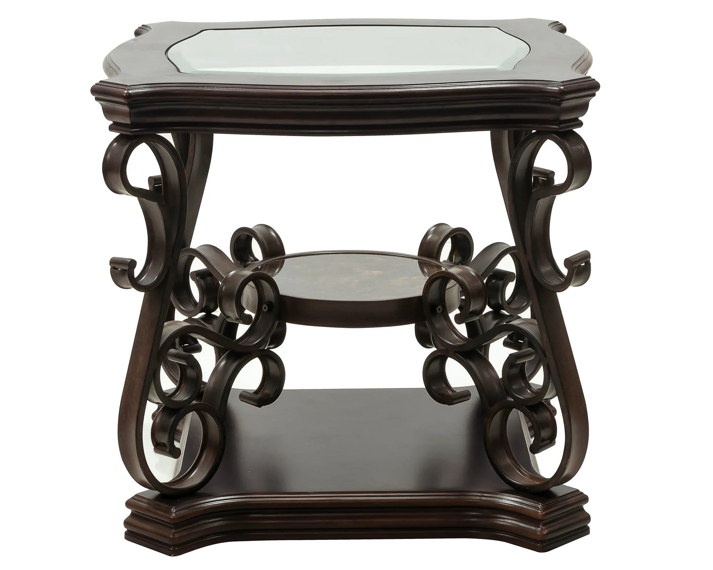 End table, Glass table top, MDF W/marble paper middle shelf, powder coat finish metal legs. (26.3'Lx26.3'Wx24'H) – view 3