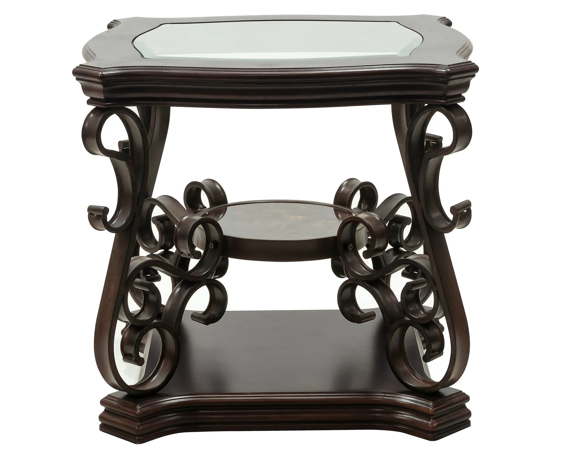 End table, Glass table top, MDF W/marble paper middle shelf, powder coat finish metal legs. (26.3'Lx26.3'Wx24'H) – view 3