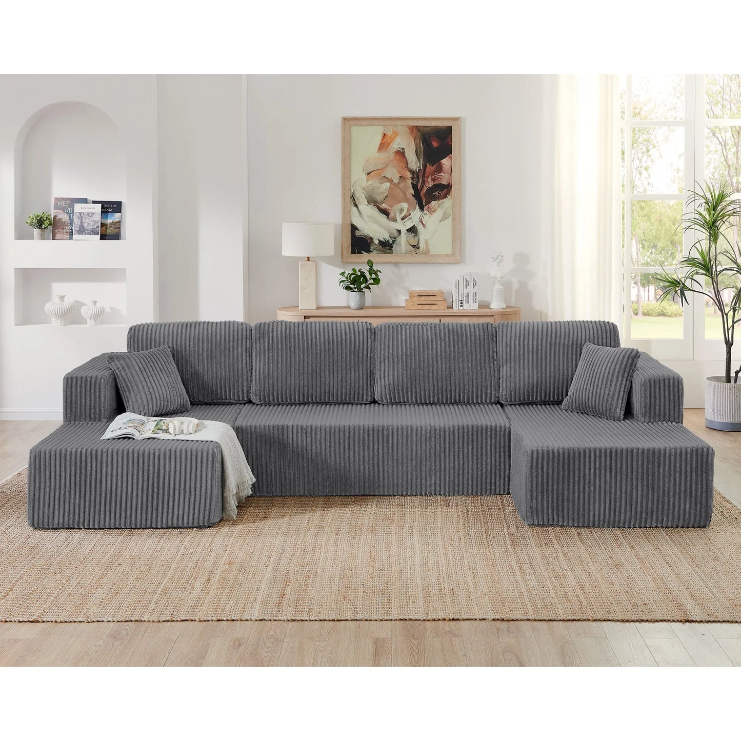 U shape Modular Sectional Sofa, Compressed Sectional Sofa Modern Minimalist Style Corduroy Couch, Sleeper Sofa for Living Room, Bedroom, Comfy – view 3