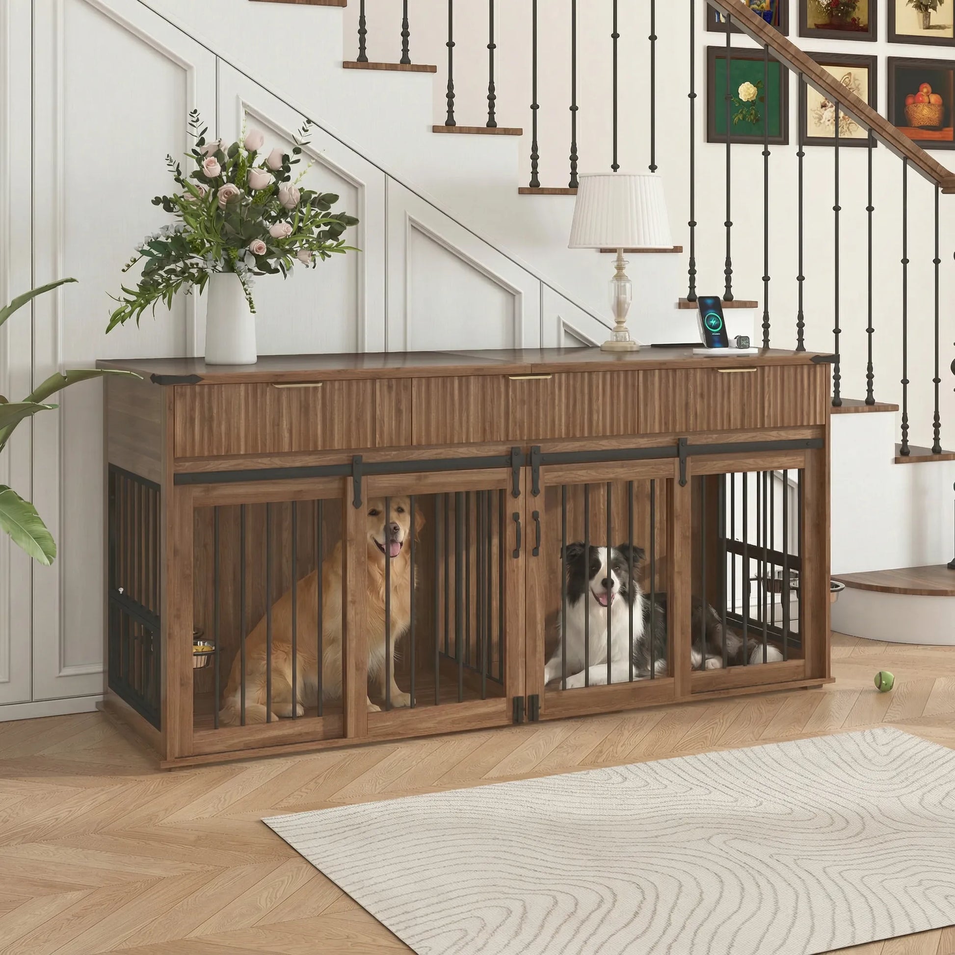 71'' Furniture Style Double Dog Crate with 3 Fluted Drawers and Waterproof Walnut Woodgrain Tabletop,Large Dog Kennel Furniture with Type-C Power – view 3