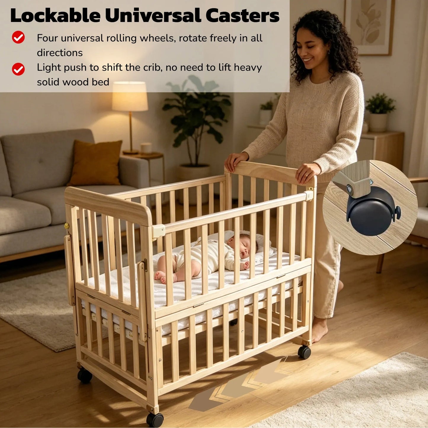 Solid Wood Baby Bassinets Wooden Bedside Bassinet Portable Extendable Mini Baby Crib 3 Adjustable Heights with Mattress for Newborns – view 3