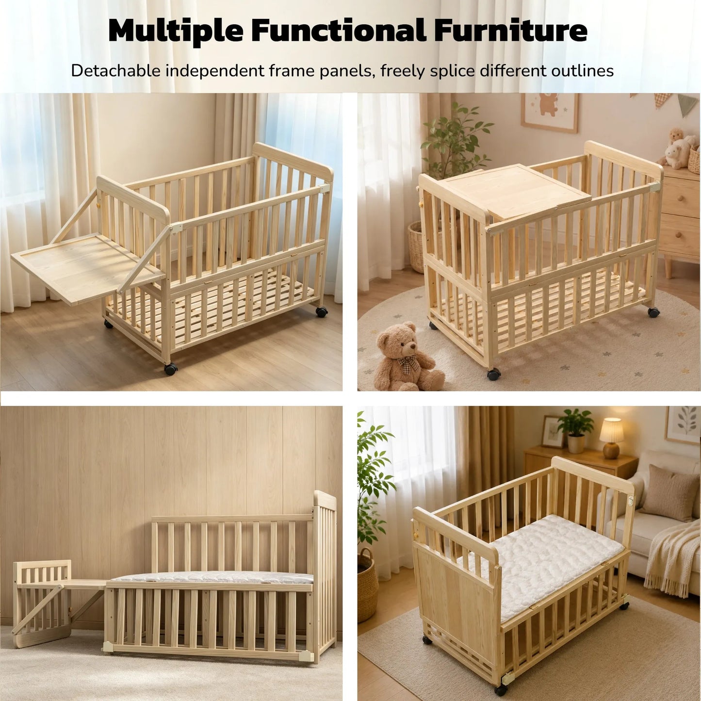 Solid Wood Baby Bassinets Wooden Bedside Bassinet Portable Mini Baby Crib 3 Adjustable Heights With Mattress and Changing Shelf for Newborns – view 3