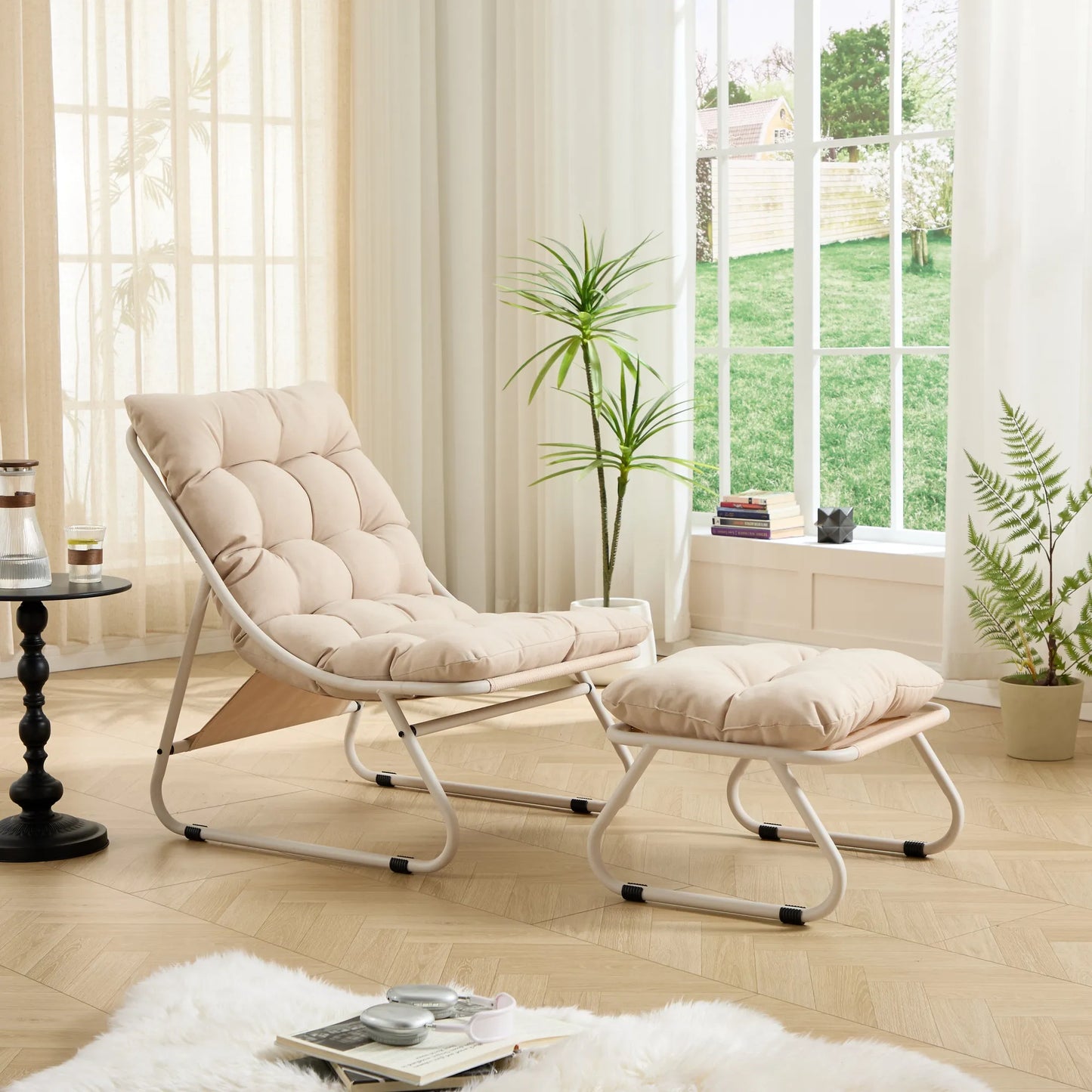 Patio Outdoor Lounge Chair with Ottoman, Comfy Sling Recliner Chair with Puffy Cushion and Foot Stool, Ideal for Living Room, Bedroom, Reading Room – view 3