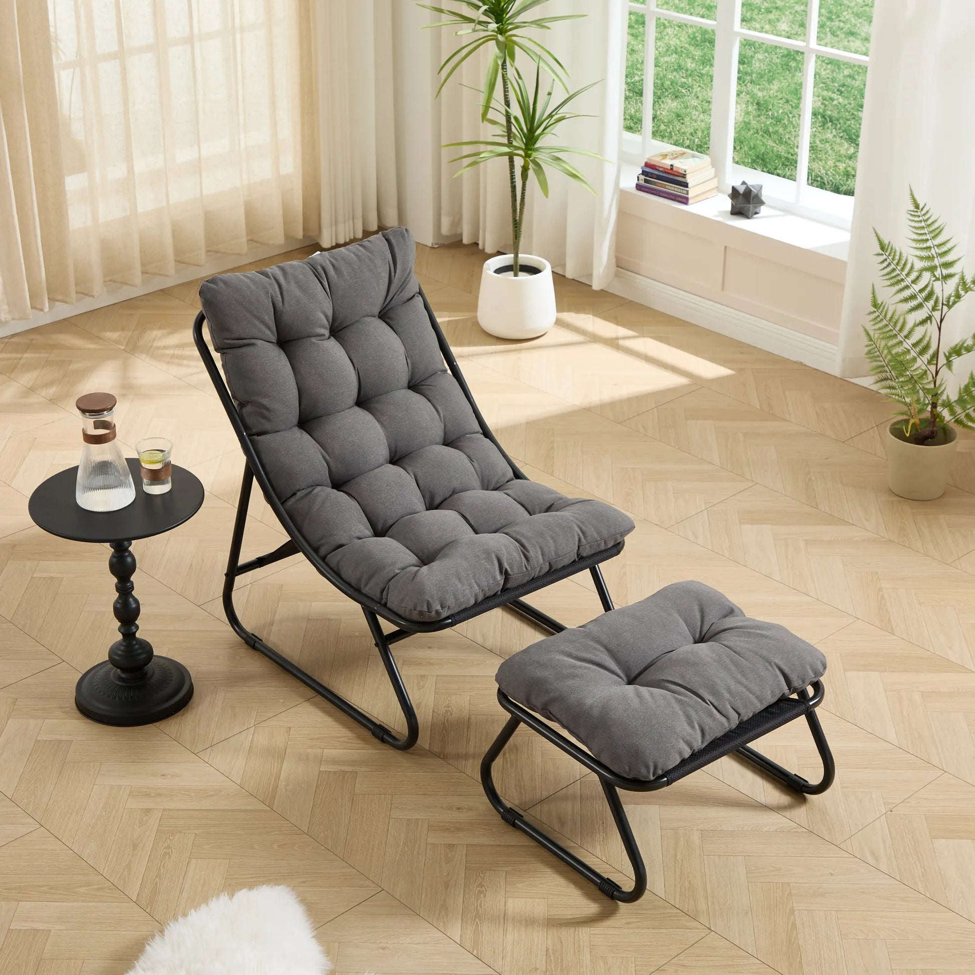 Patio Outdoor Lounge Chair with Ottoman, Comfy Sling Recliner Chair with Puffy Cushion and Foot Stool, Ideal for Living Room, Bedroom, Reading Room – view 3