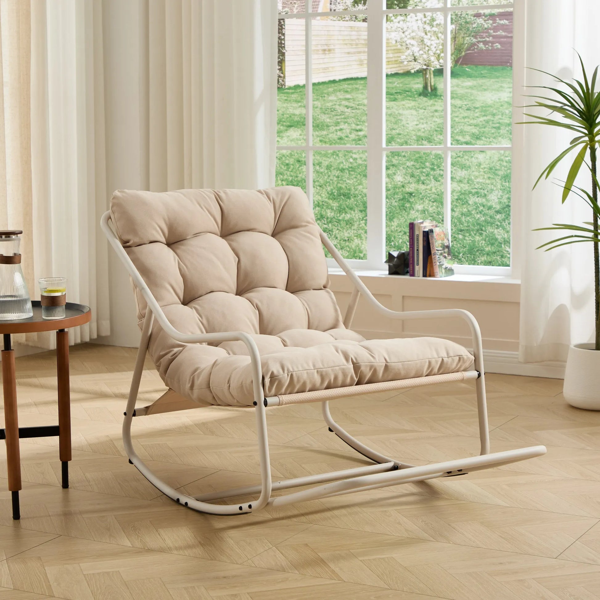 Outdoor Rocking Chair, Comfy Cushion, with Soft Thick Cushion,for Living Room, Bedroom, Reading Room, Beige Frame with Beige Cushion – view 3