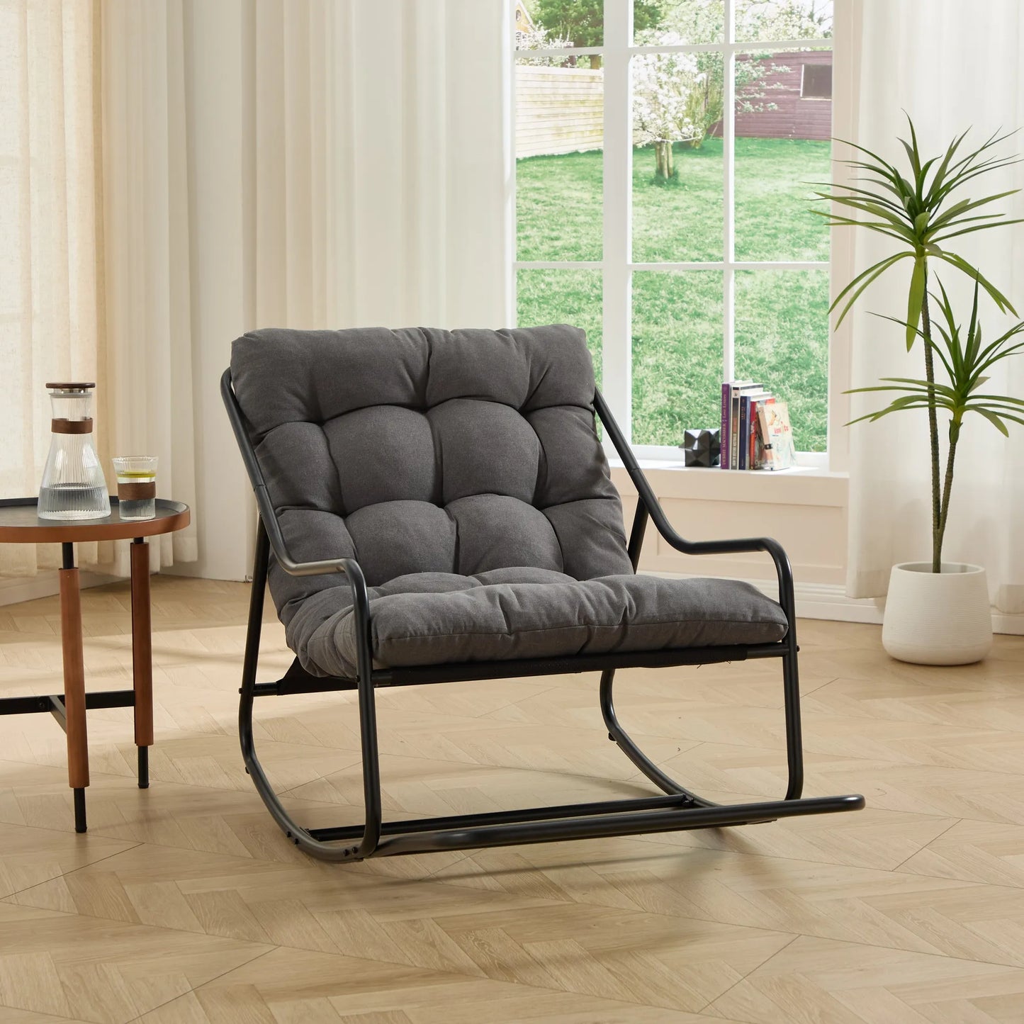 Outdoor Rocking Chair, Comfy Cushion, with Soft Thick Cushion,for Living Room, Bedroom, Reading Room, Black Frame with Grey Cushion – view 3