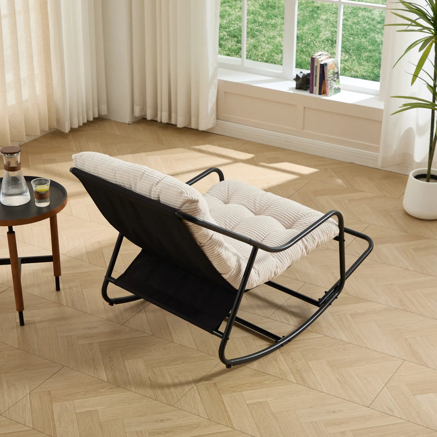 Outdoor Rocking Chair, Comfy Cushion, with Soft Thick Cushion,for Living Room, Bedroom, Reading Room, Black Frame with White Cushion – view 3