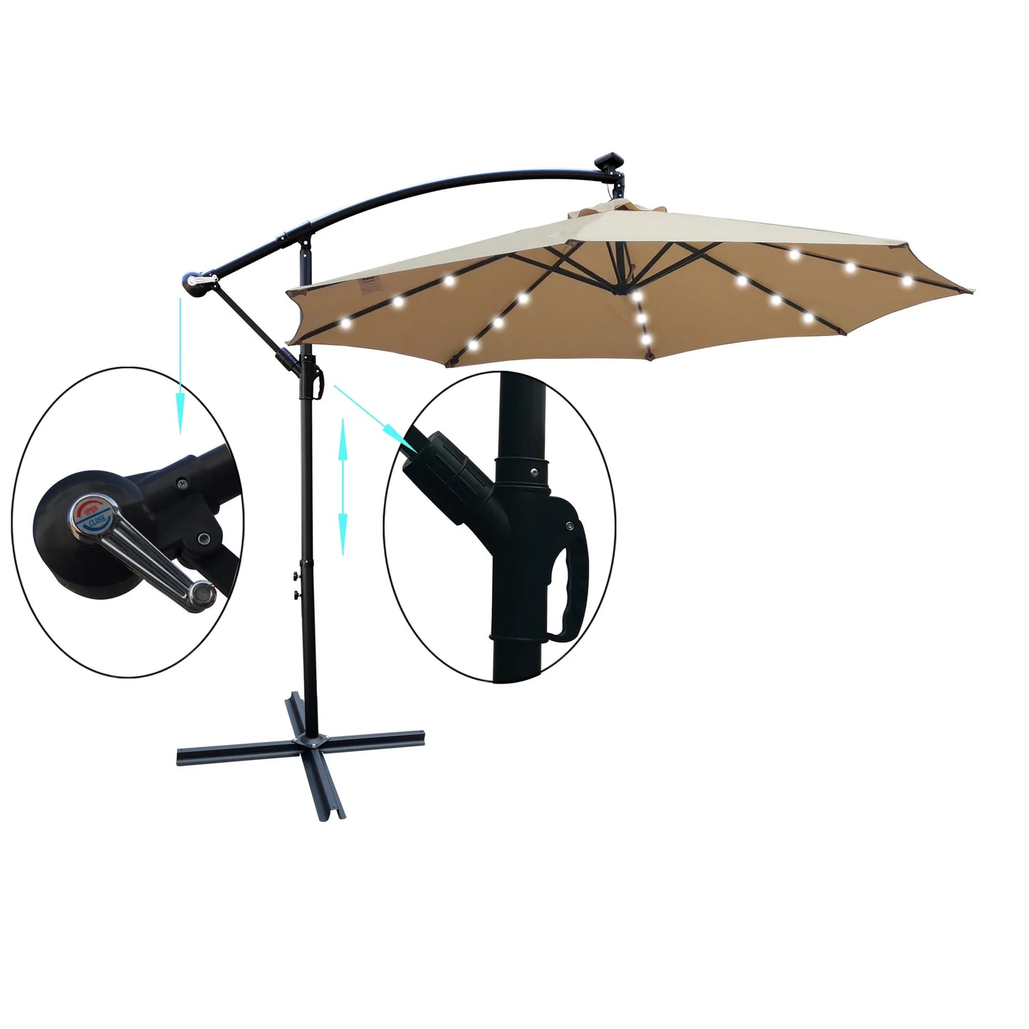 Tan 10 ft Outdoor Patio Umbrella Solar Powered LED Lighted Sun Shade Market Waterproof 8 Ribs Umbrella with Crank and Cross Base for Garden Deck – view 3