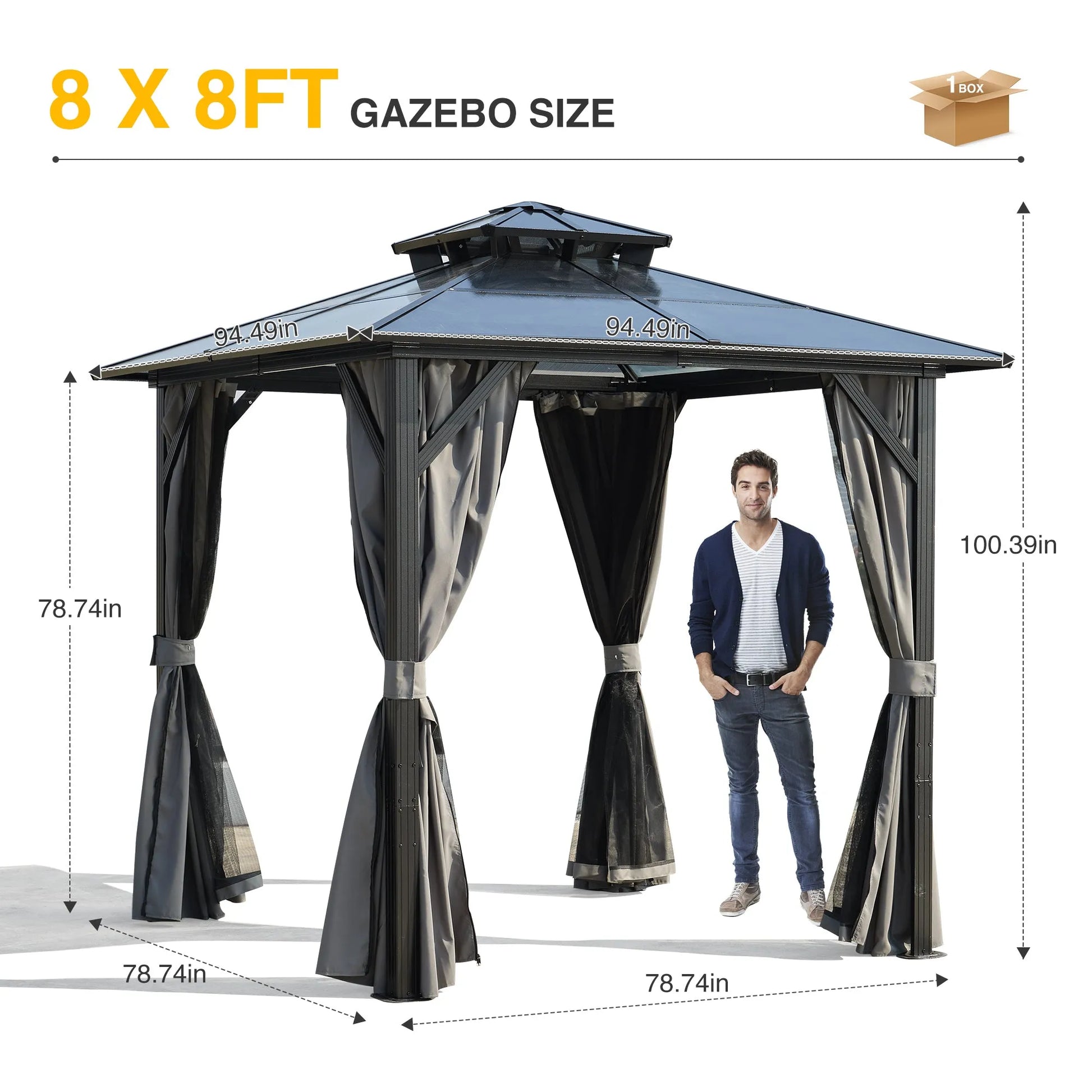 Outdoor Grill Gazebo 8 x 8FT, Hardtop BBQ Gazebo with UV-Resistant Polycarbonate Roof & Storage Hooks for Patio, Lawn, Garden – view 3