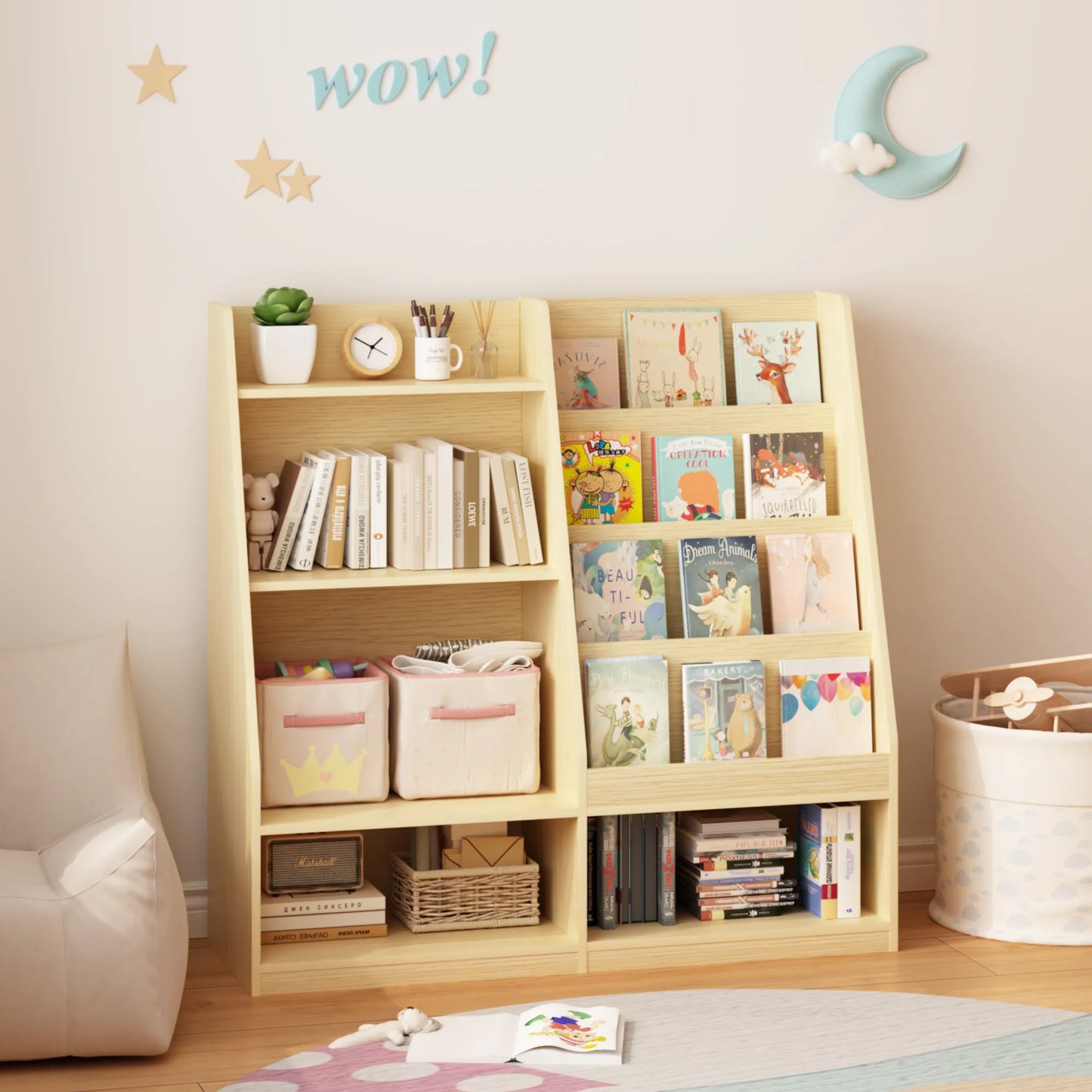 Kids Bookshelf and Toy Storage Organizer, Multifunctional 4 Tier Wooden Kids Book Shelf with Bookcase Display Stand in Kids Room Playroom Nursery for – view 3