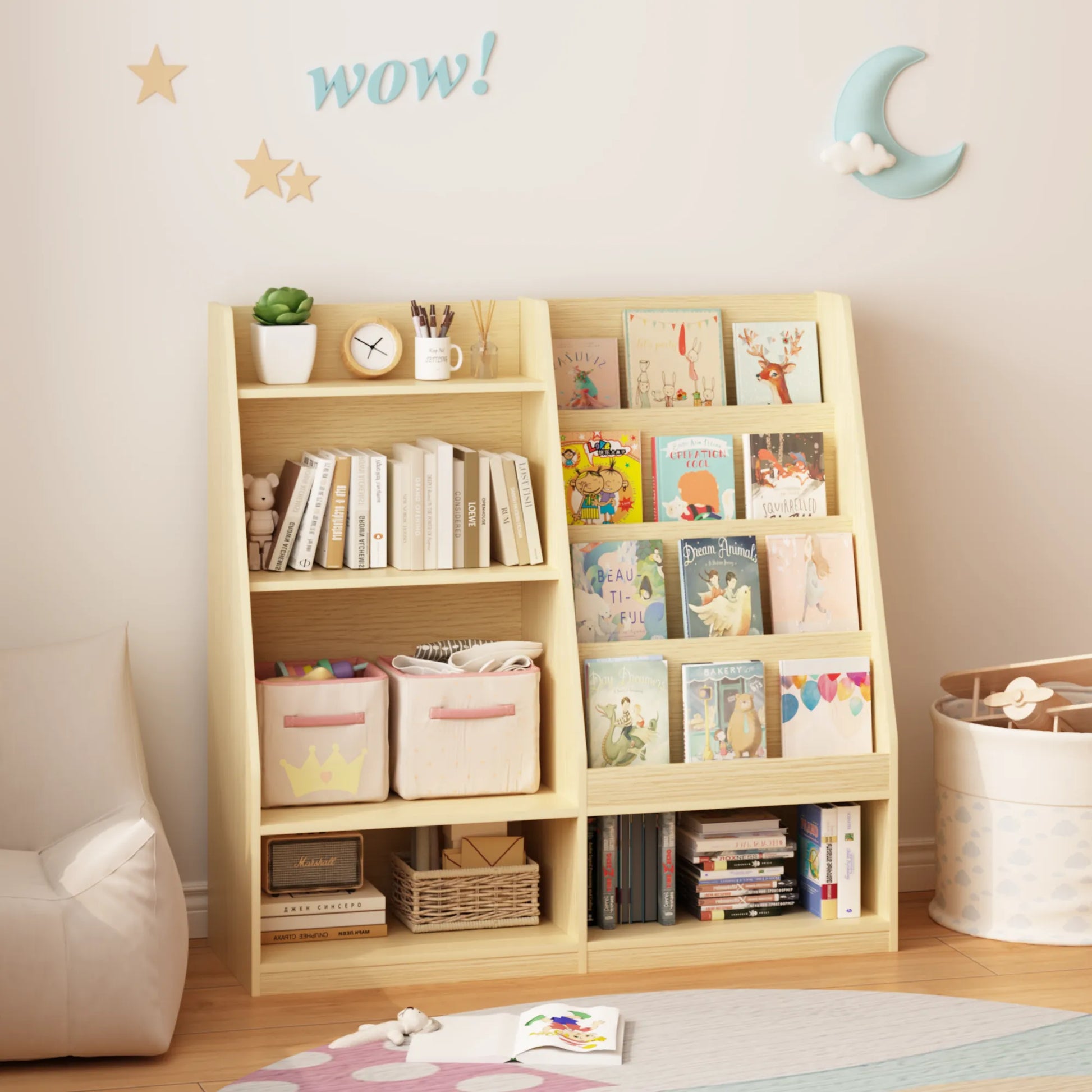 Kids Bookshelf and Toy Storage Organizer, Multifunctional 4 Tier Wooden Kids Book Shelf with Bookcase Display Stand in Kids Room Playroom Nursery for – view 3