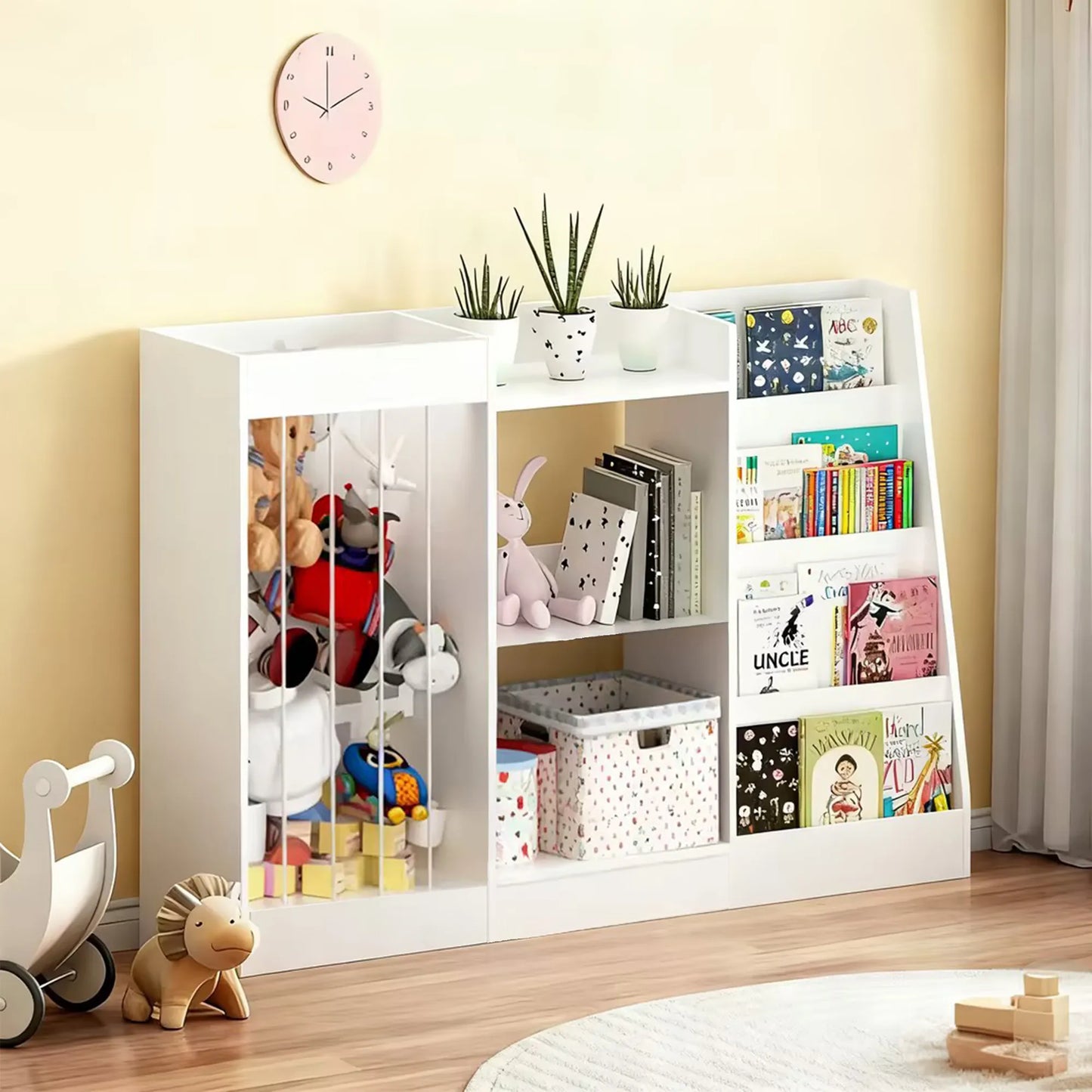 3-in-1 Kids Bookshelf and Toy Storage, 4-Tier Book Shelf for Kids Rooms, Sling Baby Bookcase with Stuffed Animal Storage, Toddler Montessori – view 3