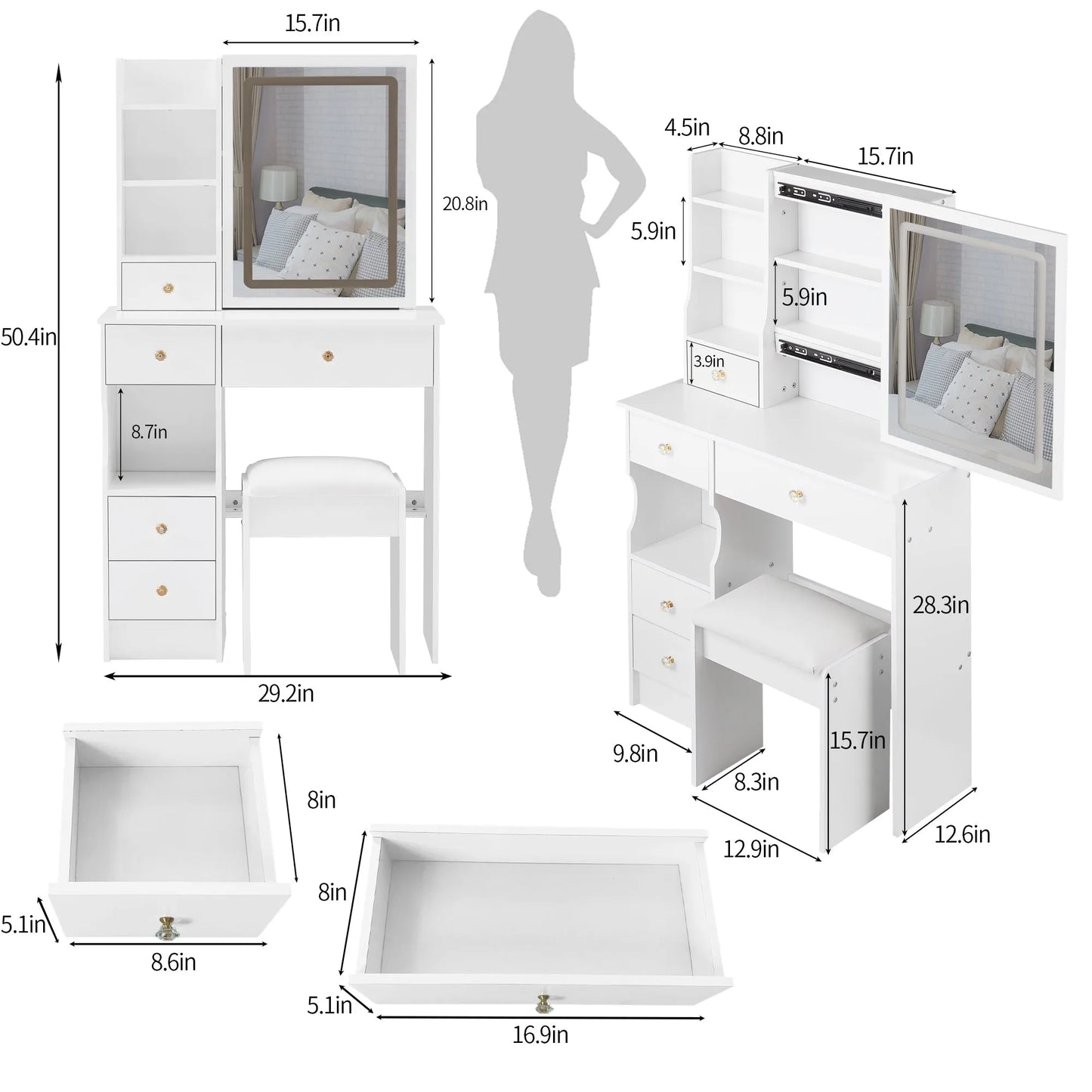 29.2' Small Size Left Drawer Desktop Vanity Table + Cushioned Stool, Large Sliding, Touch Control, Tri-color Switching, Brightness Adjust LED Mirror – view 3