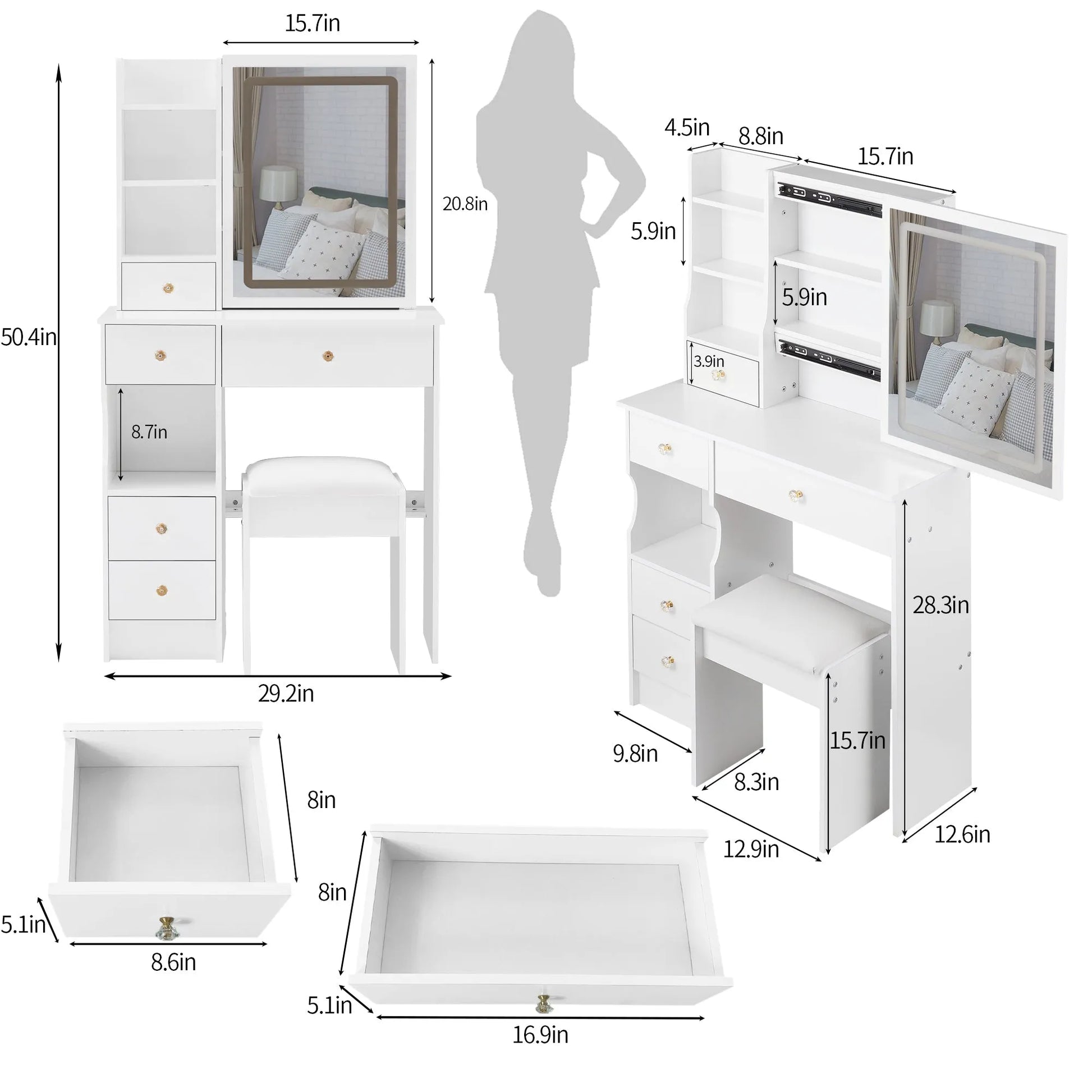 29.2' Small Size Left Drawer Desktop Vanity Table + Cushioned Stool, Large Sliding, Touch Control, Tri-color Switching, Brightness Adjust LED Mirror – view 3