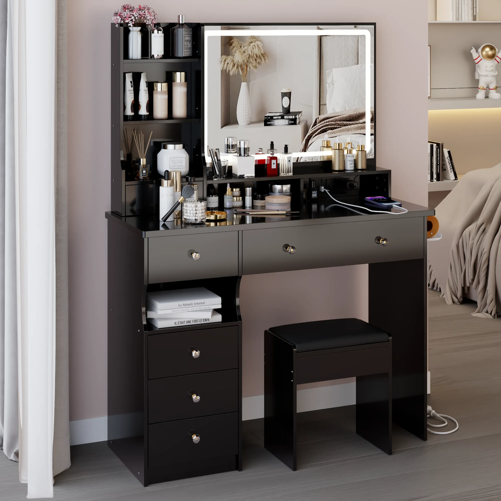 41' Large Size Left Drawer Desktop Vanity Table+Cushioned Stool Dresser Set, 2 AC+2 USB Power Station, Hair Dryer Stand, Extra Large Touch Control – view 3