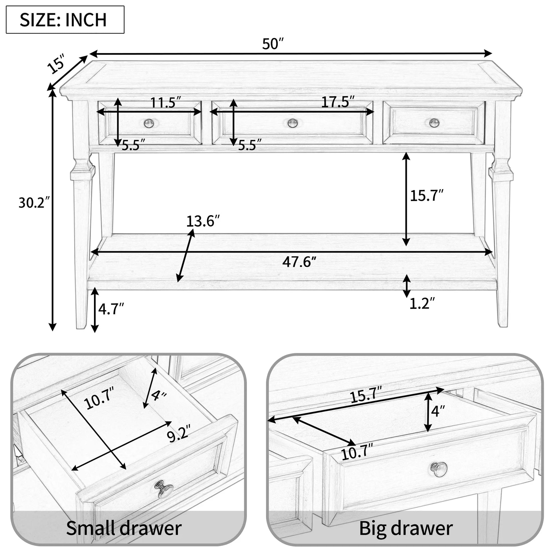 Classic Retro Style Console Table with Three Top Drawers and Open Style Bottom Shelf, Easy Assembly (Espresso) – view 3