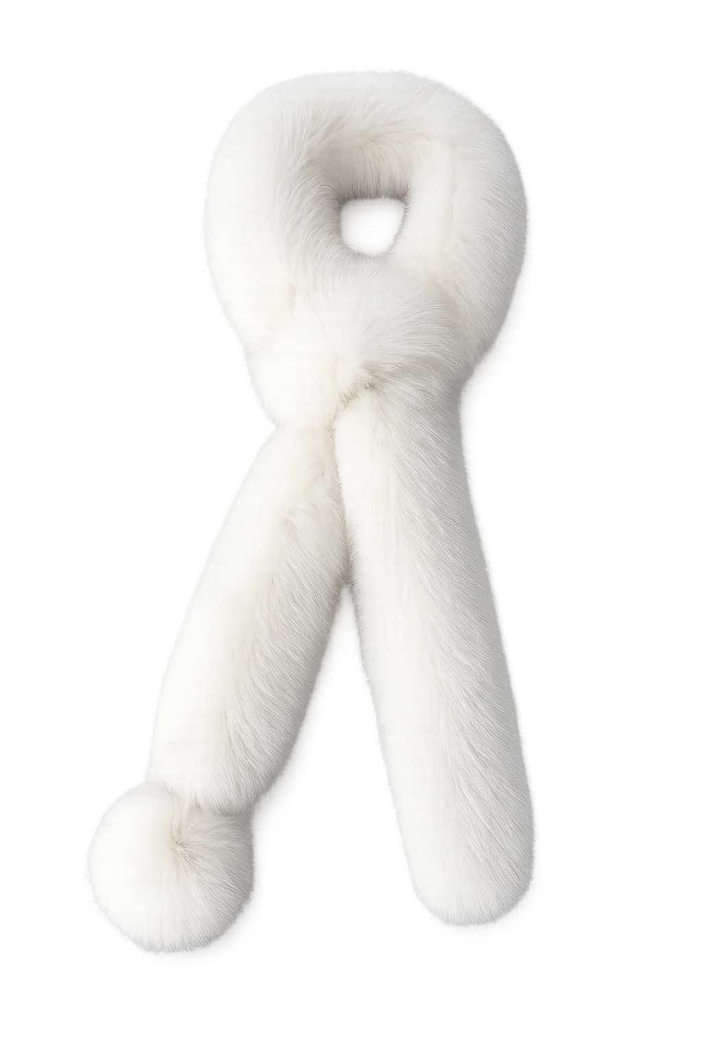 Cream Beige fox fur long scarf with pom-pom shown in a full product view