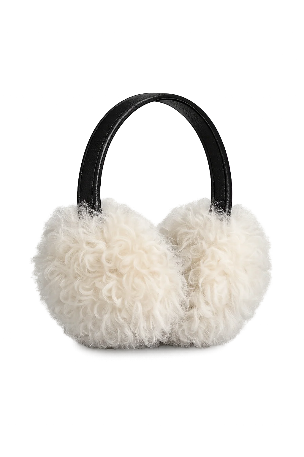 White wool earmuffs with a black headband in a front product view