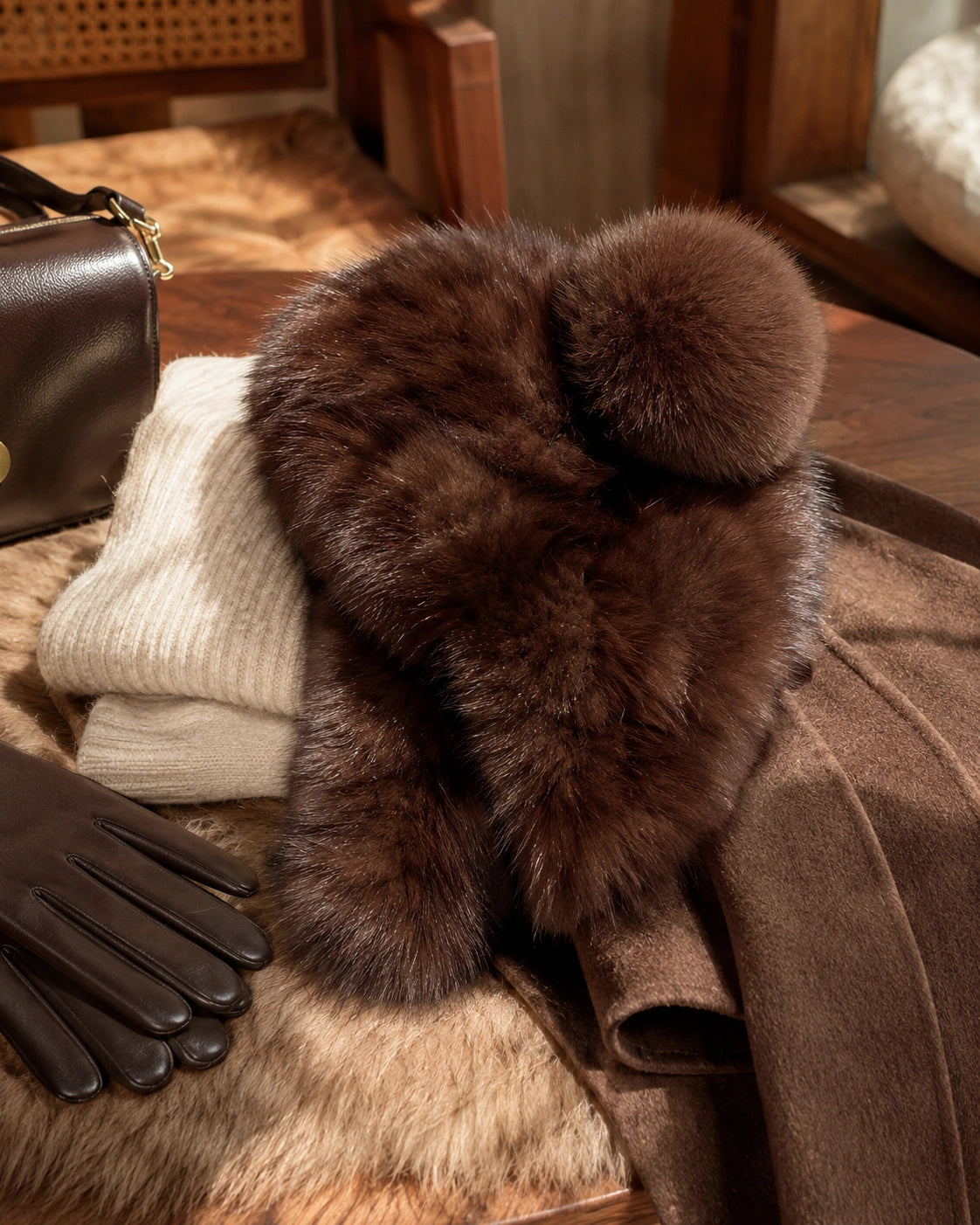Brown sable fur earflap hat with fox fur pom-pom in a winter flat lay