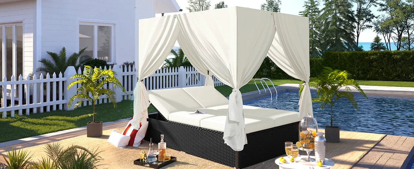 U_STYLE Outdoor Double Chaise Lounge Daybed with Curtains,Patio Outdoor Sunbed with Adjustable Backrest, Sturdy Steel Frame Loveseat Sofa for – view 3