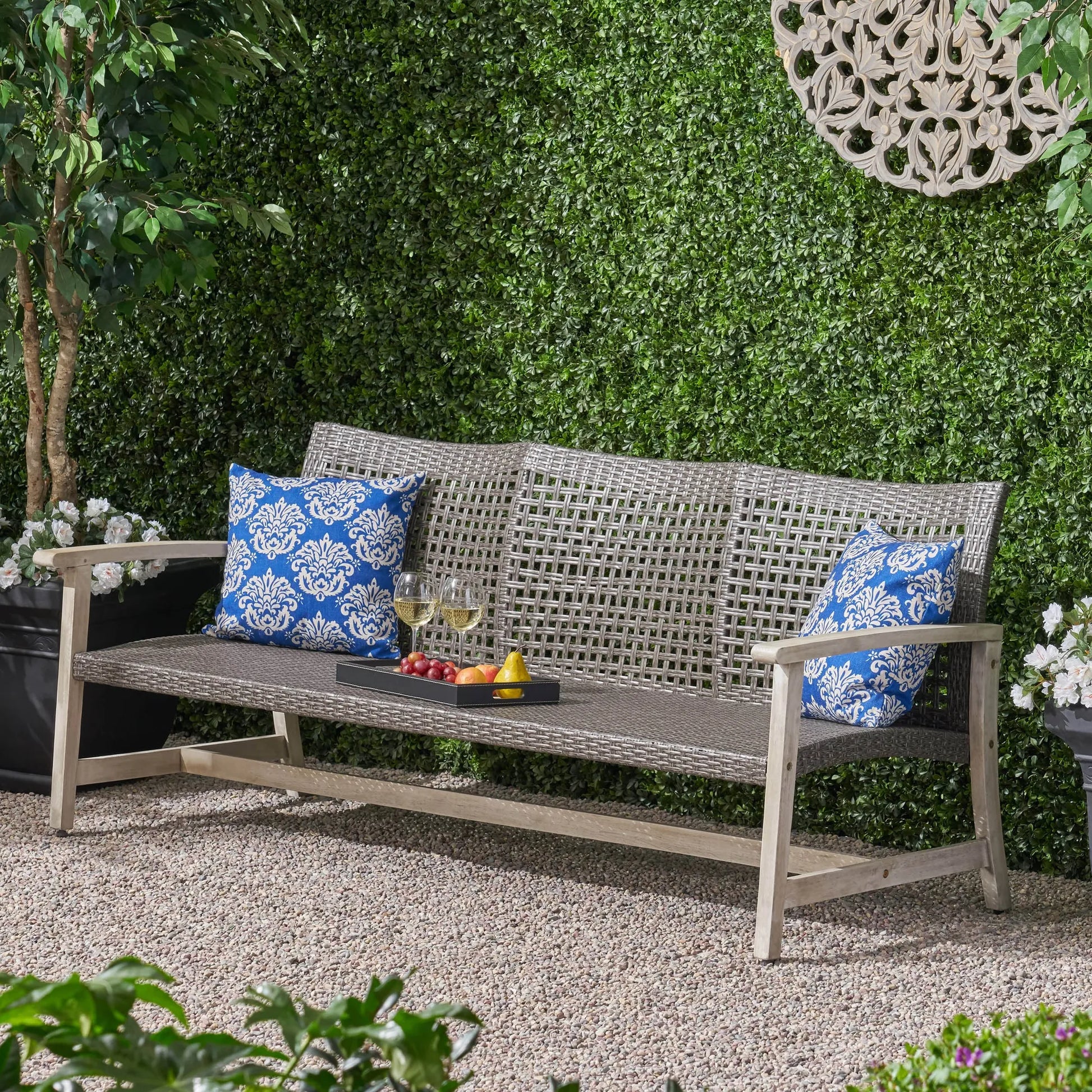 Outdoor Acacia Wood Wicker 3 Seater Sofa, Patio Furniture Conversation Set for Backyard – view 4