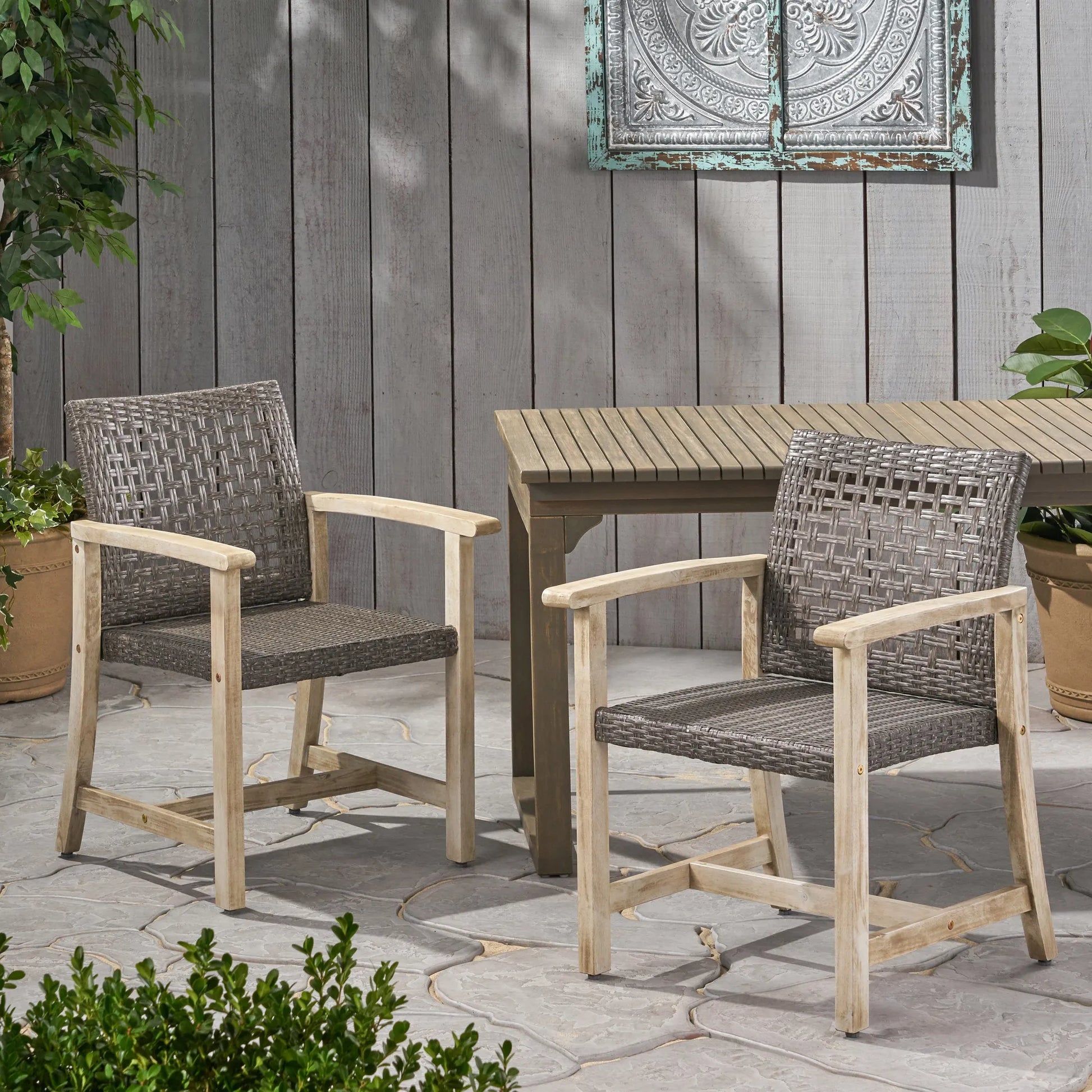 Outdoor Dining Chair Set of 2, Light Grey Wash Acacia Wood Frame and Mix Black PE Rattan Wicker – view 4
