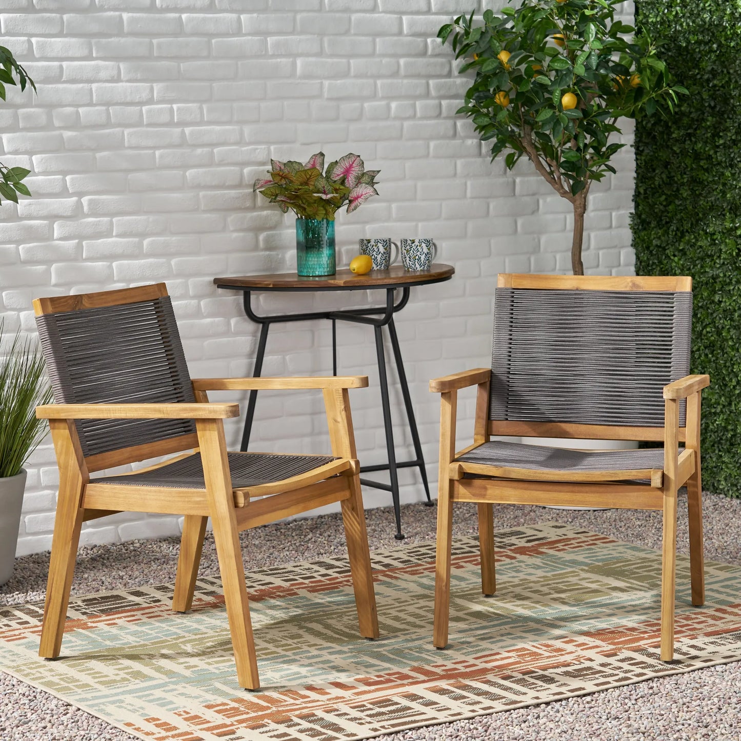Outdoor Dining Chair Set of 2, Dark Grey Rope, Acacia Wood Frame – view 4