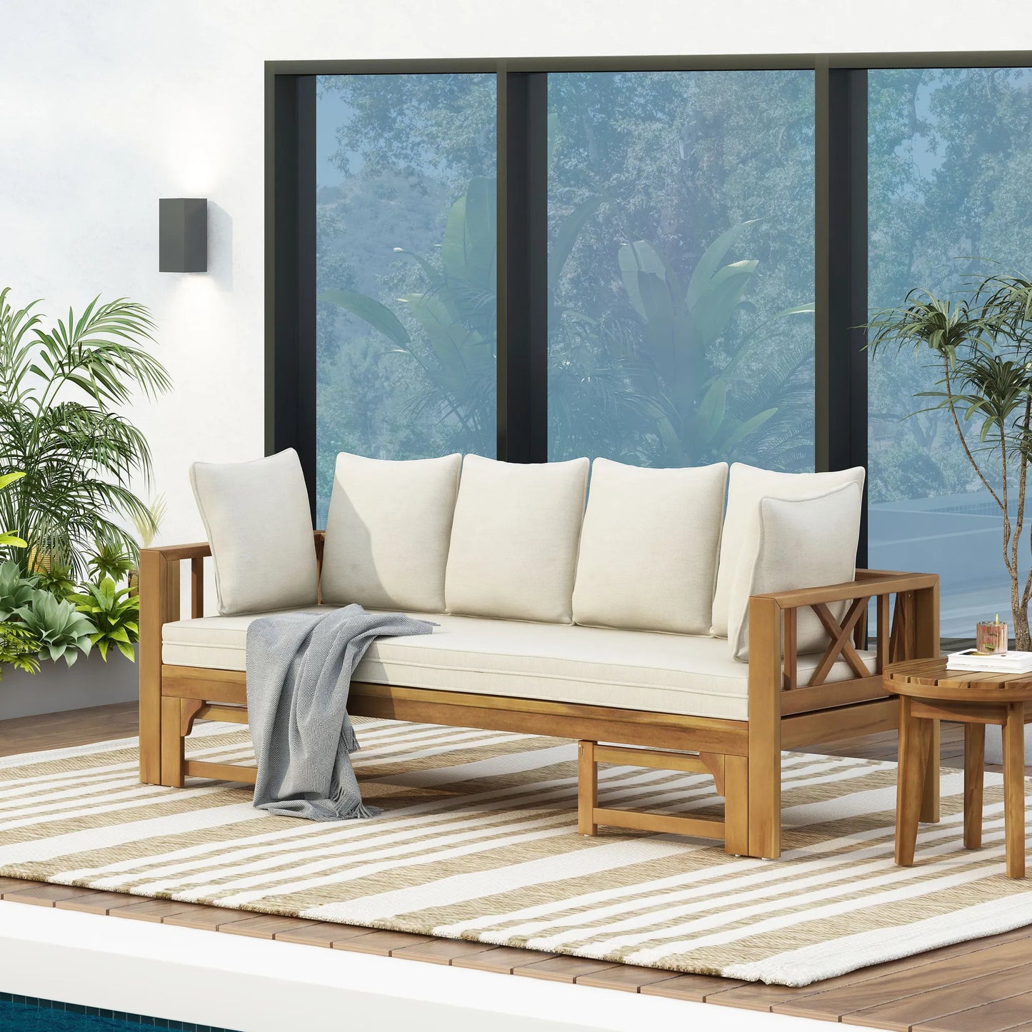 Outdoor Extendable Acacia Wood 3 Seater Sofa, Upholstered Cushion Couch, Daybed Sofa Chair, Spacious Seating Lounge Chair, Patio Daybed Sofa for – view 4