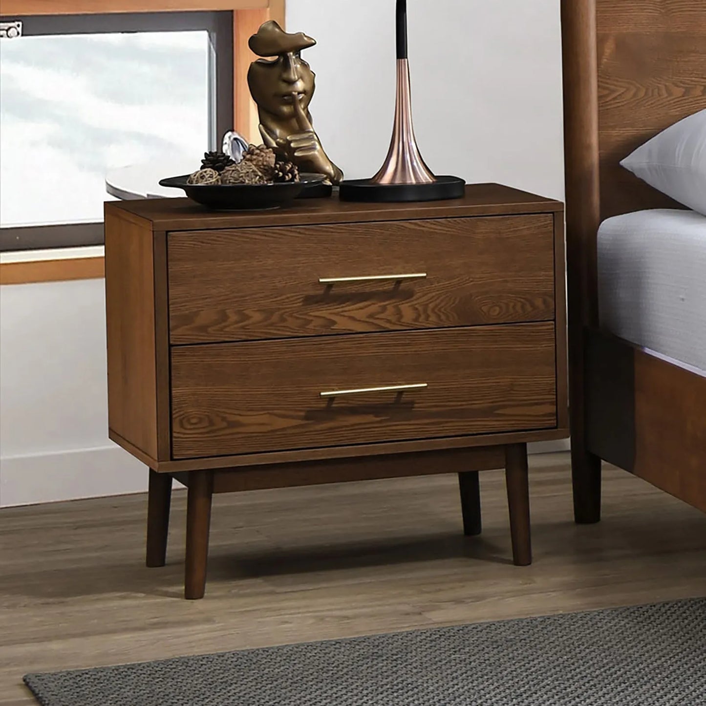 Walnut Color Panel Headboard 3pc Bedroom Set Queen Size Bed 2x Nightstands Wooden Mid-Century Modern Style – view 4