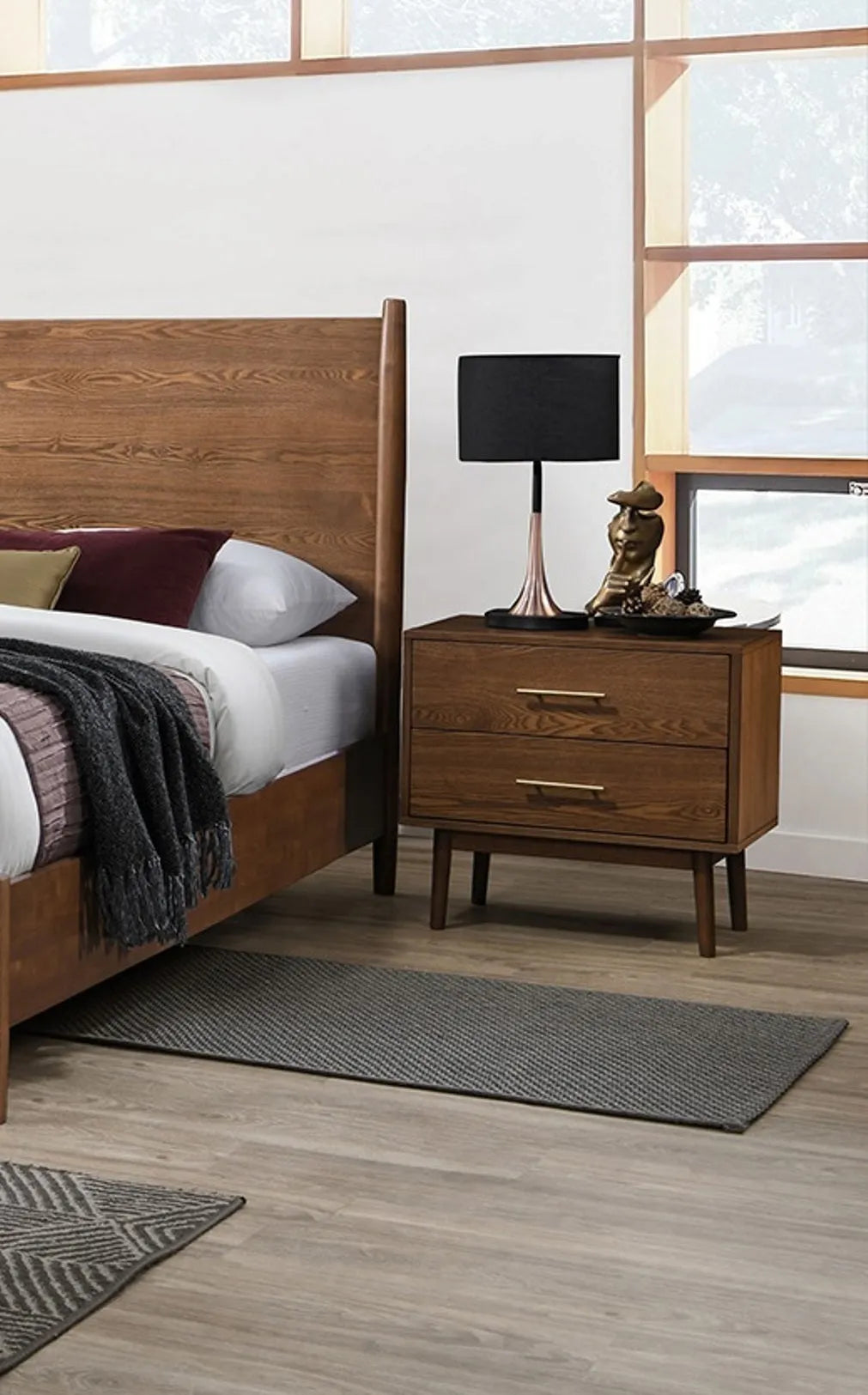 Gorgeous Walnut 3pc Bedroom Set Full Size Bed 2x Nightstands Beige Upholstered Fabric Winged Edge Panel HB Mid-Century Modern Style – view 4