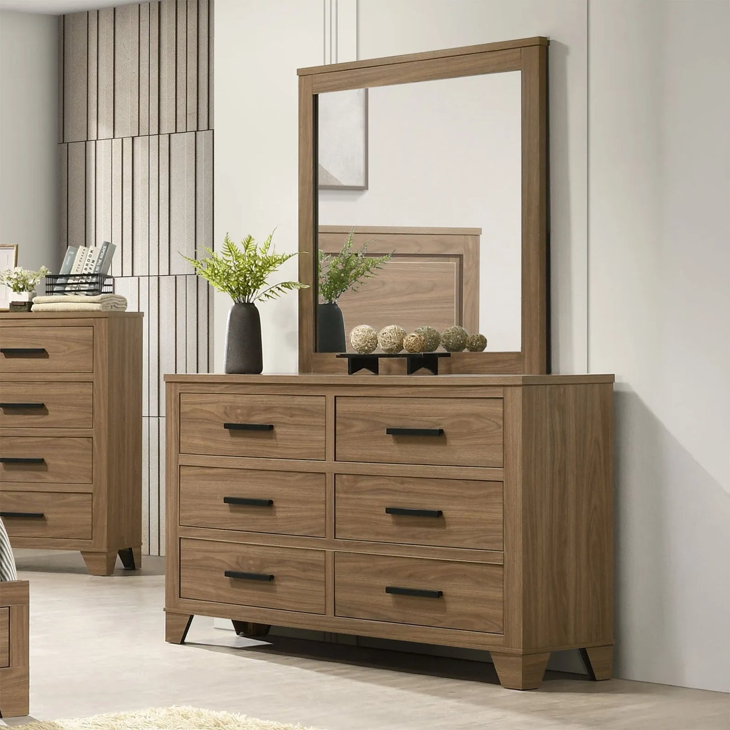 Walnut / Chestnut 3pc Set Queen Size Bed Dresser And Mirror Panel HB Bedroom Furniture Wooden Transitional – view 4