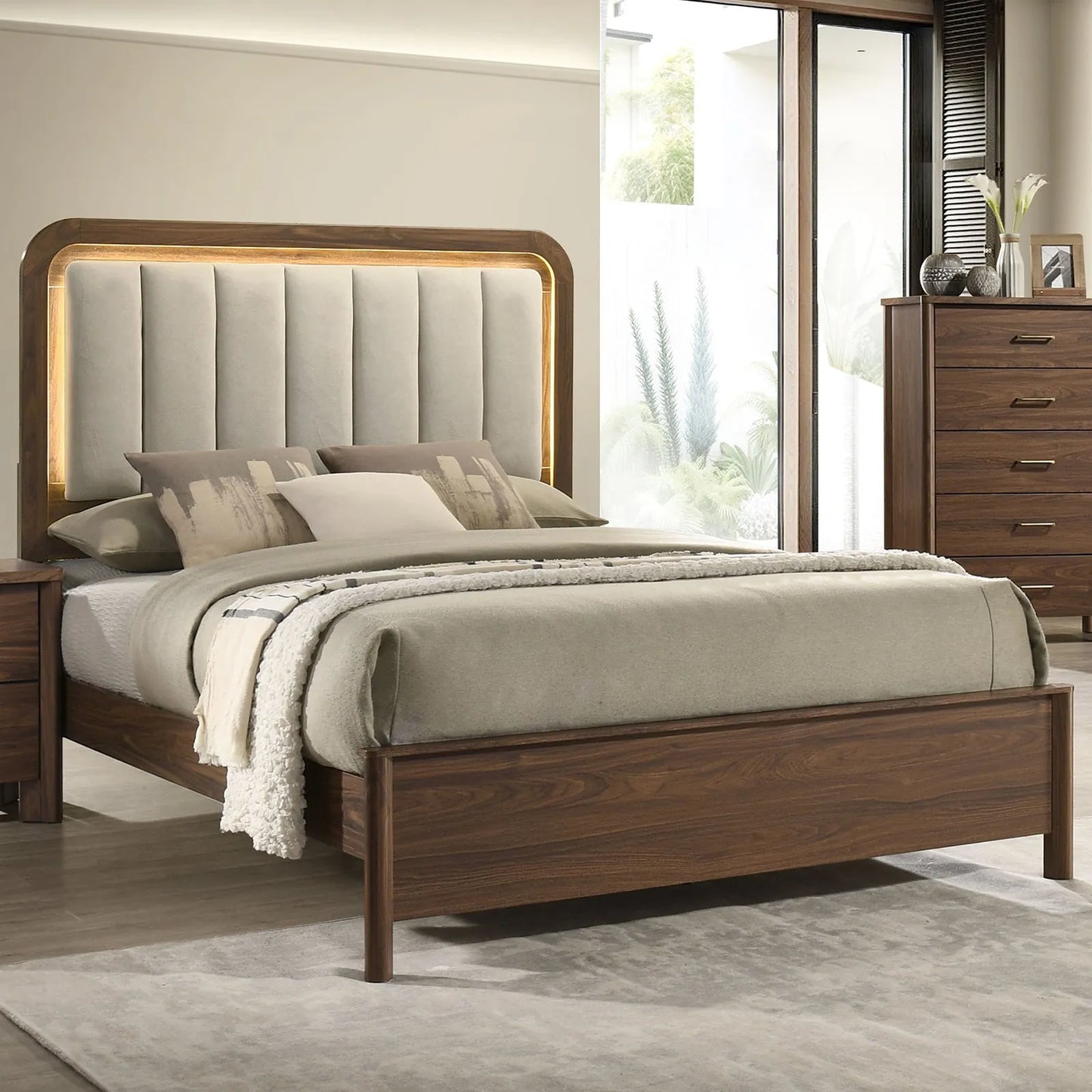 Walnut Gorgeous Eastern King Size Bed Nightstands Set Panel Bed HB w LED Warm Light Bedroom Set 3pc – view 4