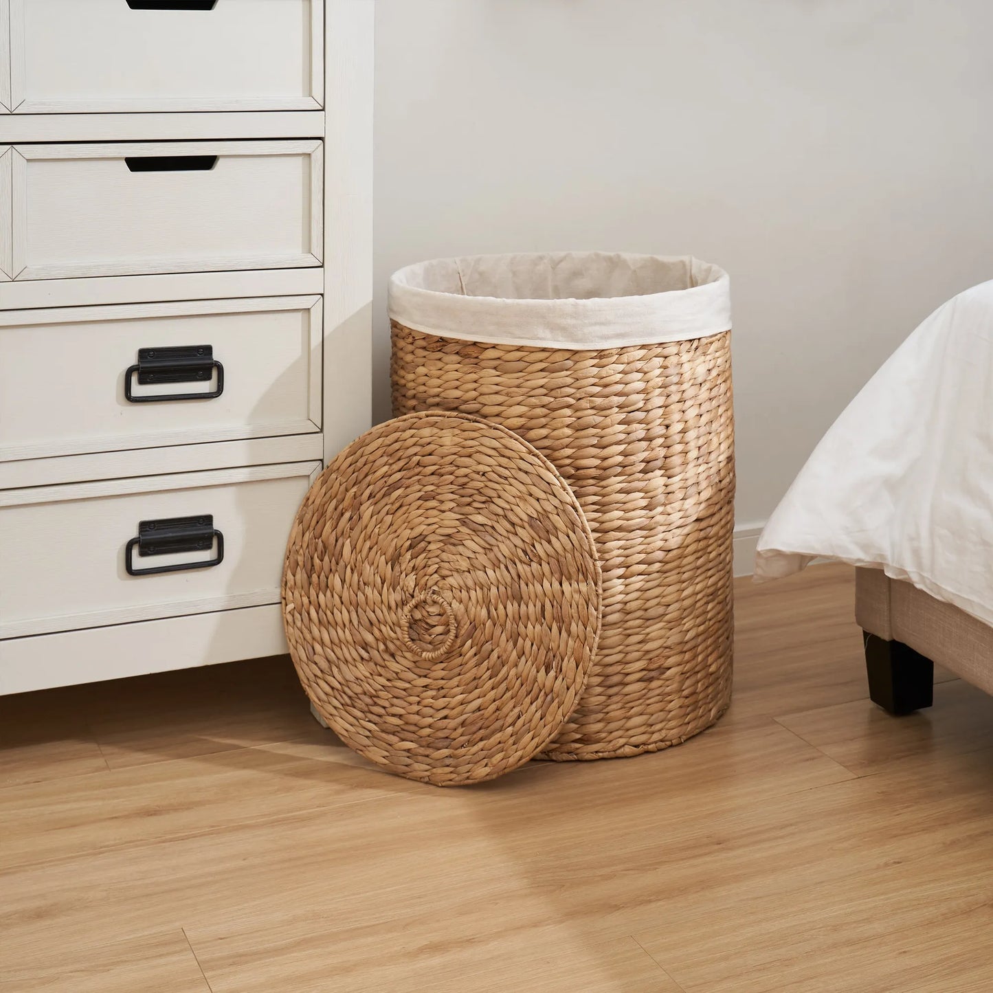 Round Tall Water Hyacinth Woven Wicker Laundry Hamper with Lid - For Clothes, Canvas, Toys and Book Storage with Removable Liner - 15' x 15' x 20'  – view 4