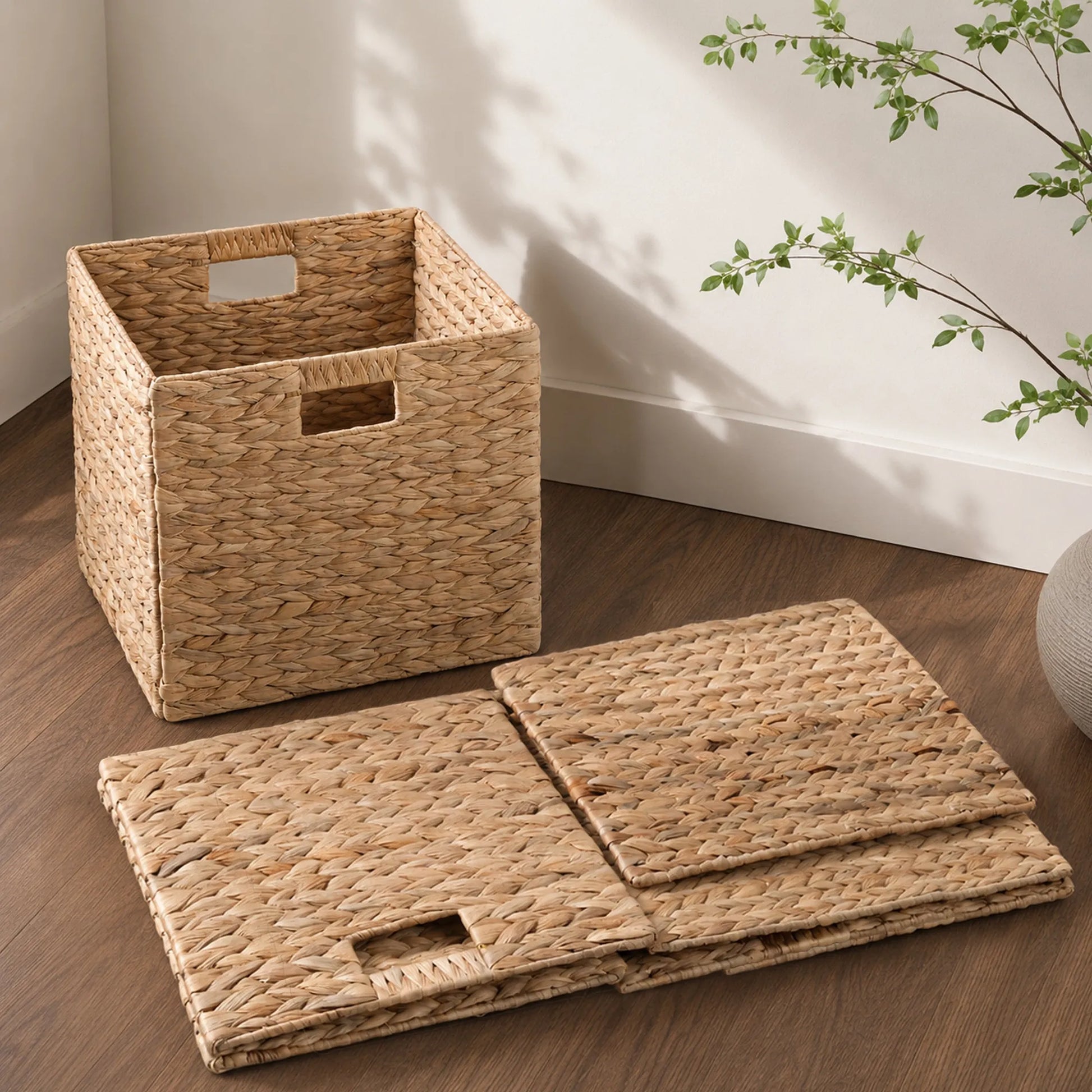 Water Hyacinth Folding Storage Baskets, Set of 2, Natural, 12.6' x 12.6' x 12.6', Handwoven Cube Baskets with Cutout Handles – Shelf Organizer, Toy – view 4