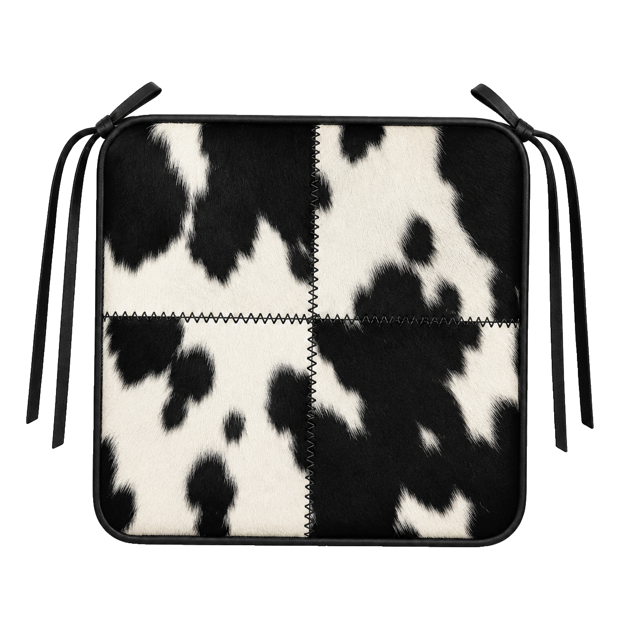 Black and ivory genuine cowhide patchwork square chair pad with leather border and tie straps on transparent background
