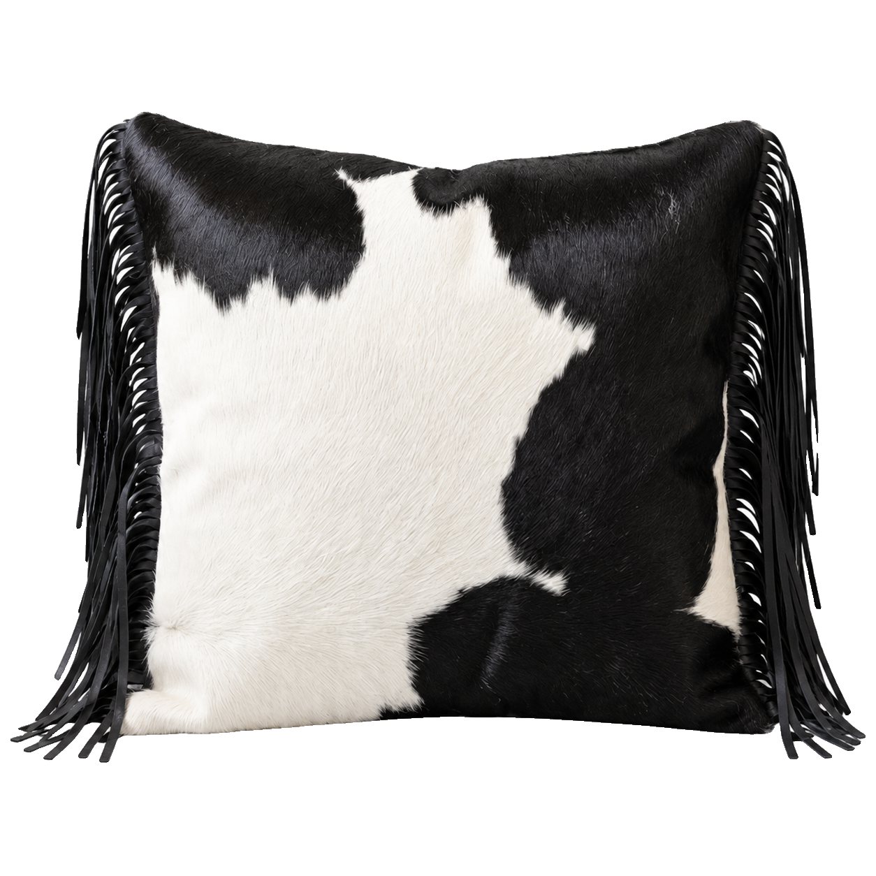 Black and ivory genuine cowhide square throw pillow with leather fringe on transparent background