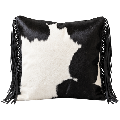 Black and ivory genuine cowhide square throw pillow with leather fringe on transparent background