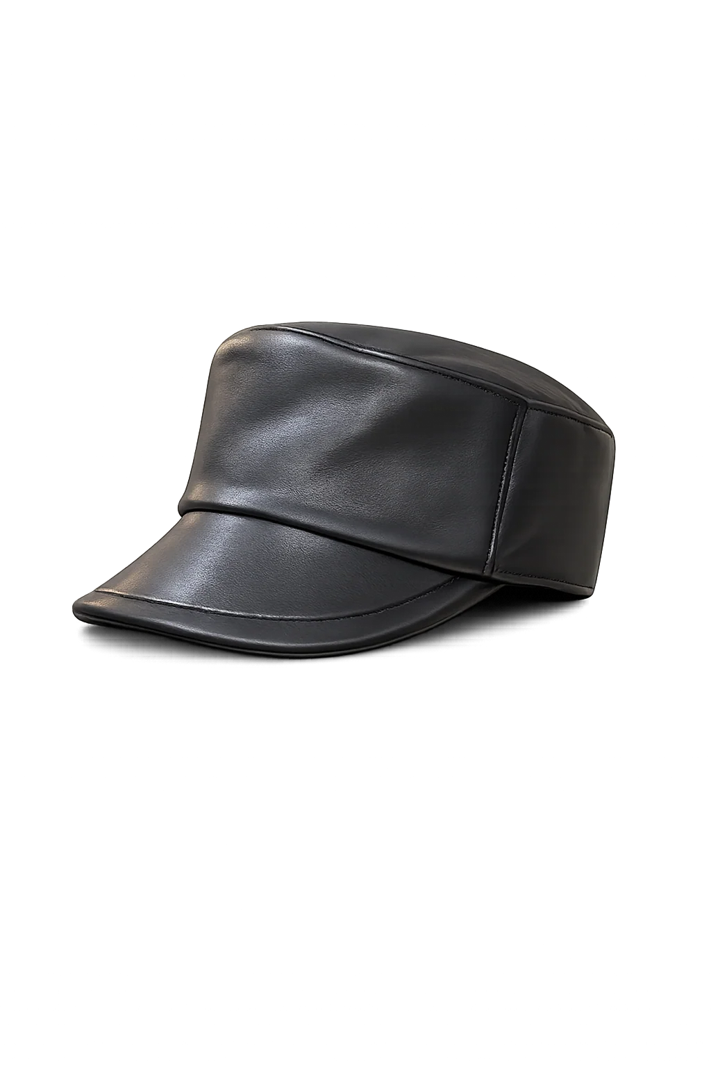 Black lambskin leather equestrian cap showing the curved brim and stitched side panel