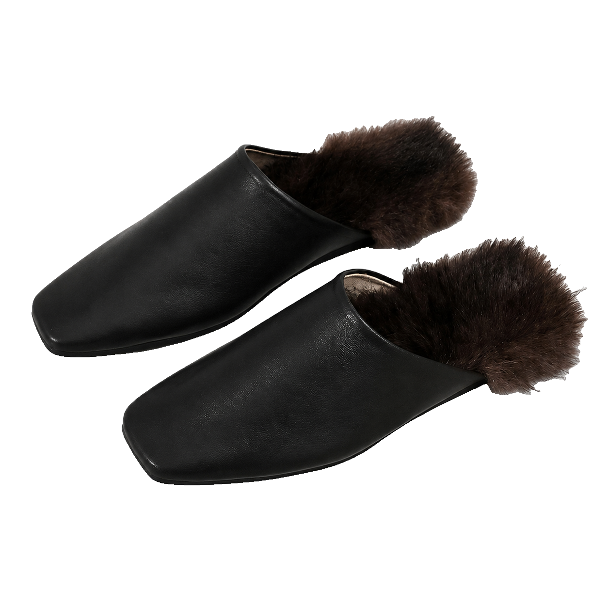 Black genuine mink fur-trim closed-toe mule slippers on a transparent background