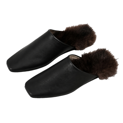 Black genuine mink fur-trim closed-toe mule slippers on a transparent background