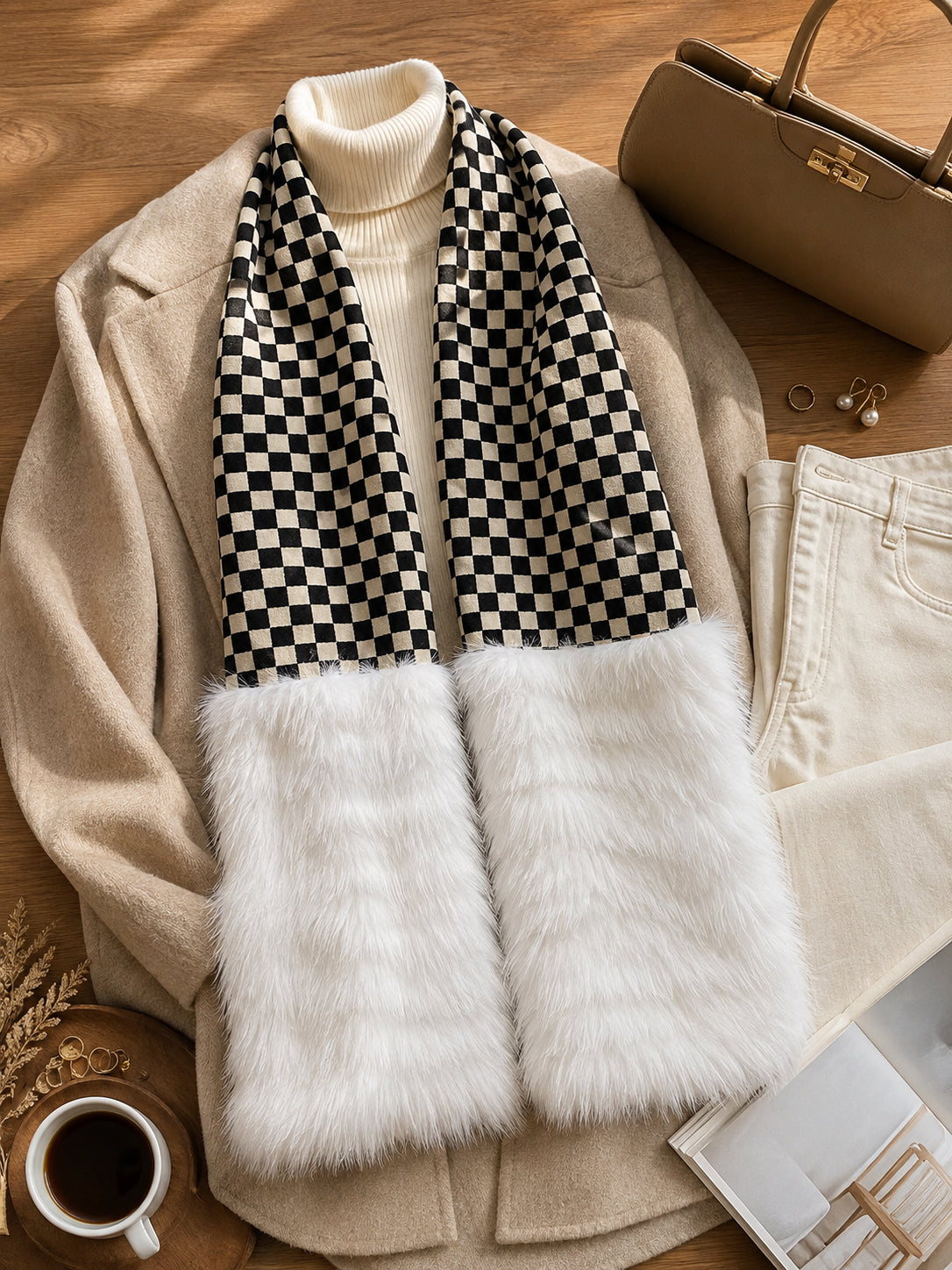 Black-and-white checkerboard fox fur scarf styled with neutral winter accessories