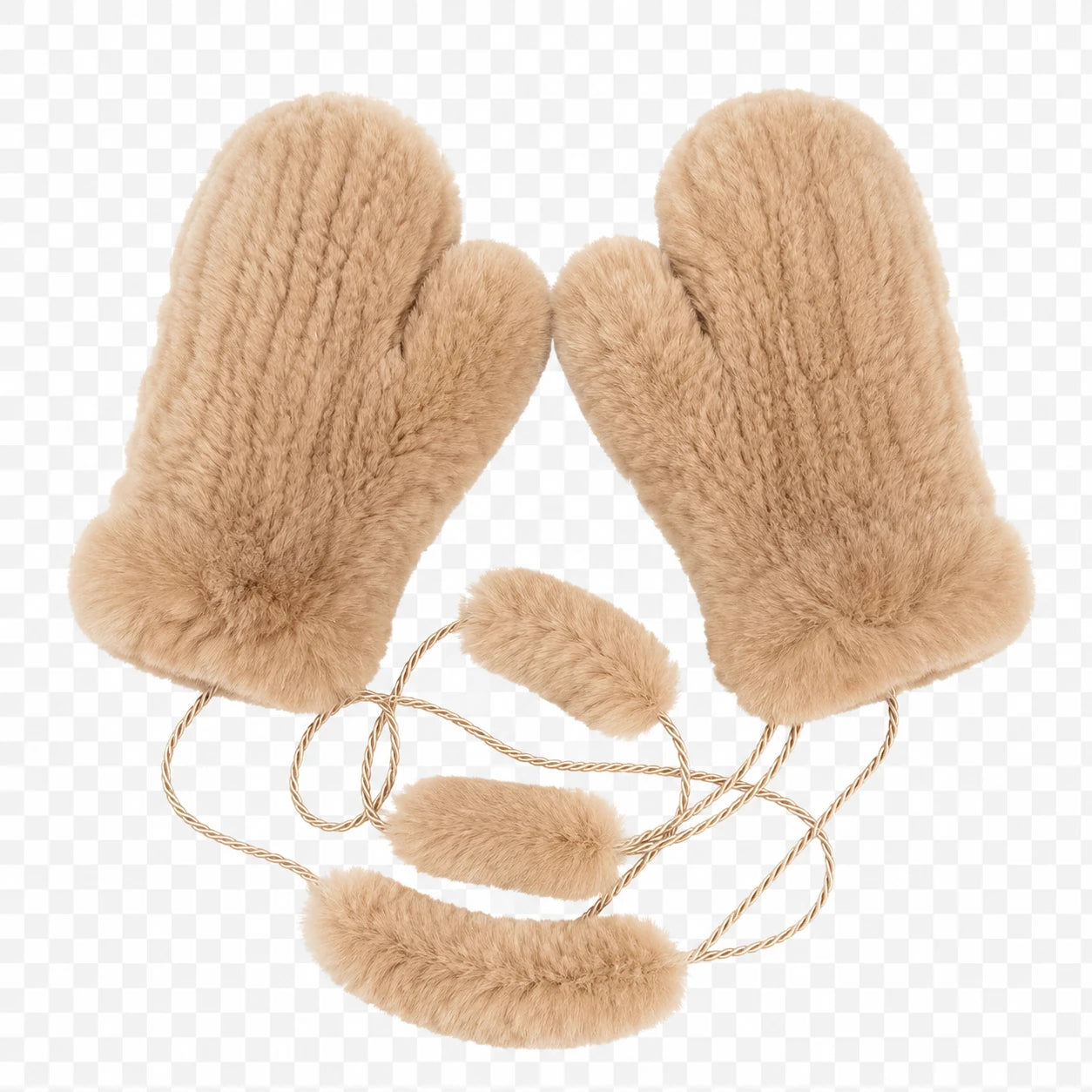 Camel genuine Rex rabbit fur knit mittens, product view