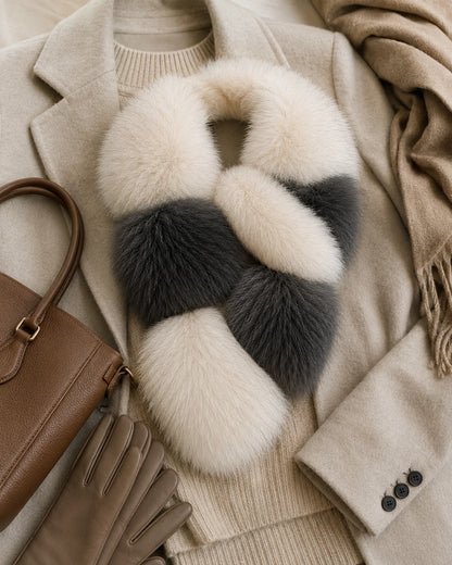 Charcoal and ivory fur scarf styled with a wool coat, knitwear, leather gloves, and handbag
