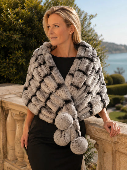 Chinchilla Gray Rex rabbit fur triangle shawl styled for a coastal occasion