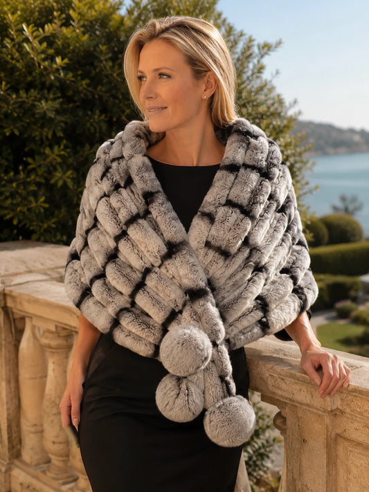 Chinchilla Gray Rex rabbit fur triangle shawl styled for a coastal occasion