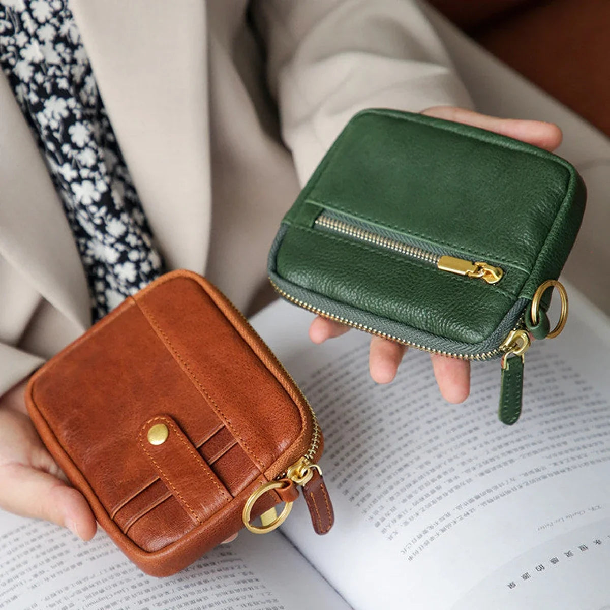 Coffee Brown and Dark Green leather coin purses shown together