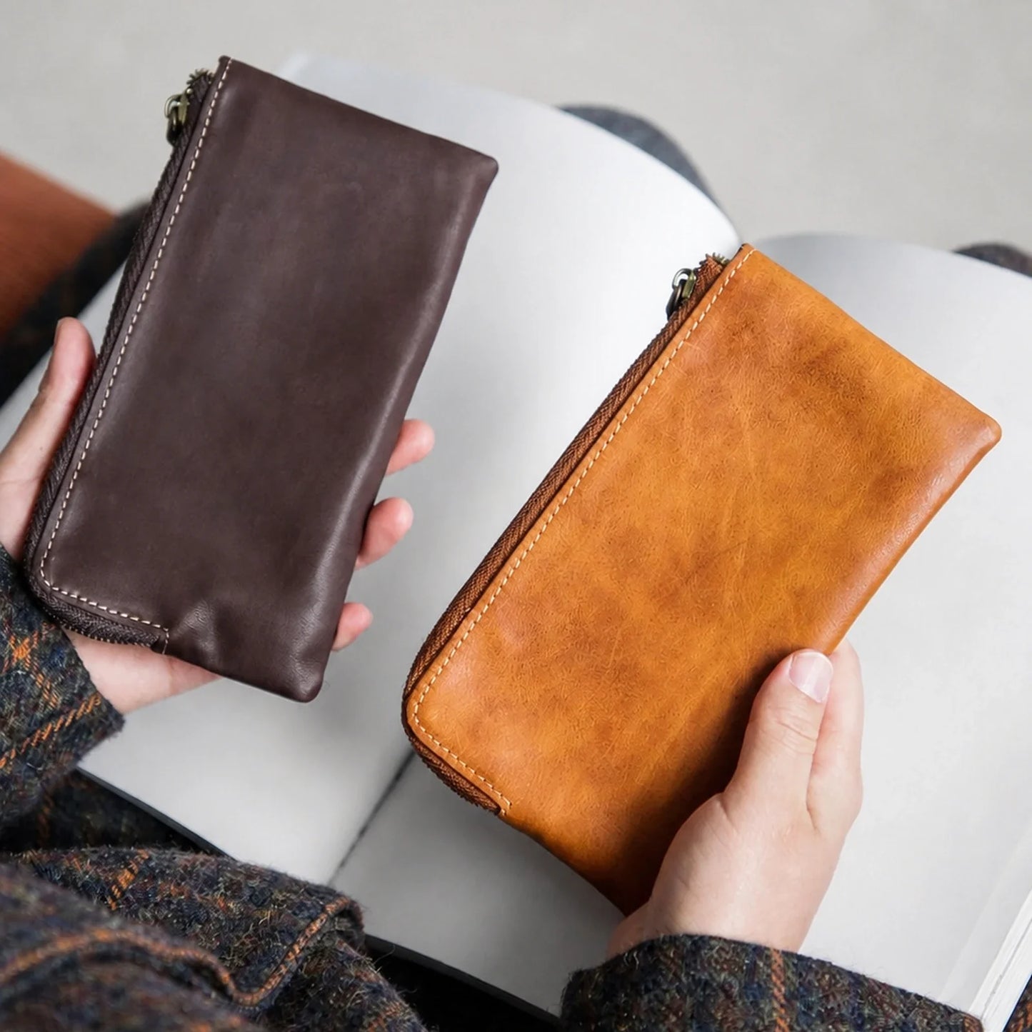 Cognac Brown and Coffee Brown leather long wallets