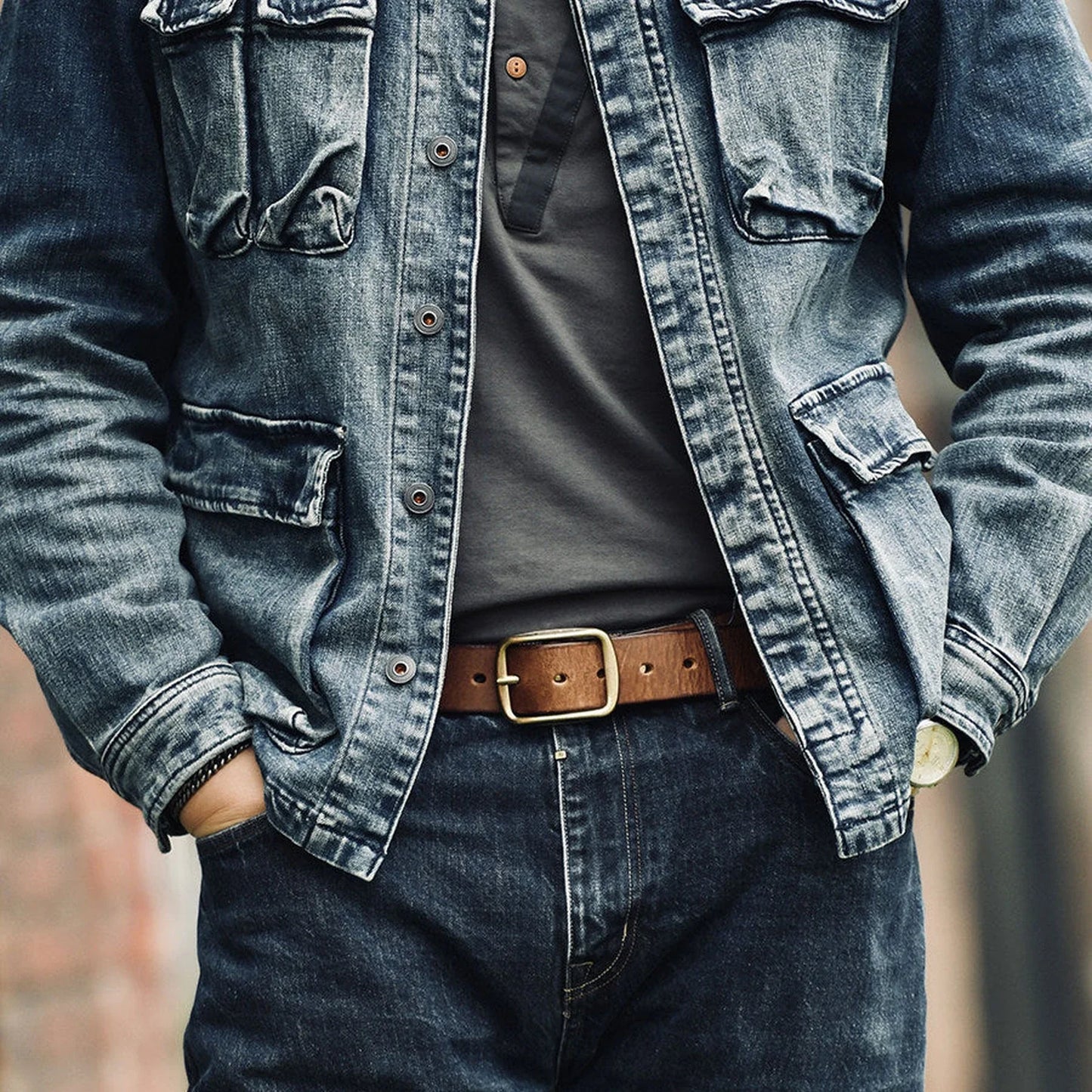 Brown cowhide belt styled with a denim jacket and jeans